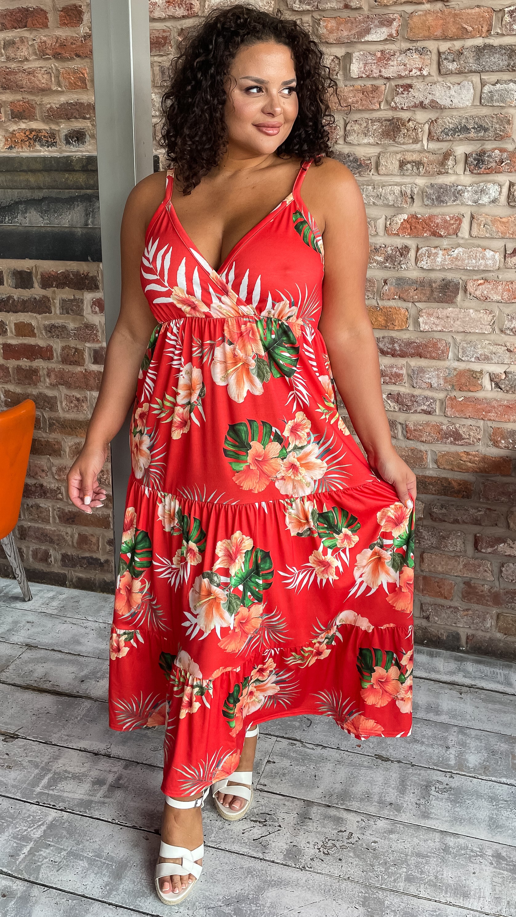 CurveWow Cherry Red Tropical Wrap Bust Maxi Dress - Image 3