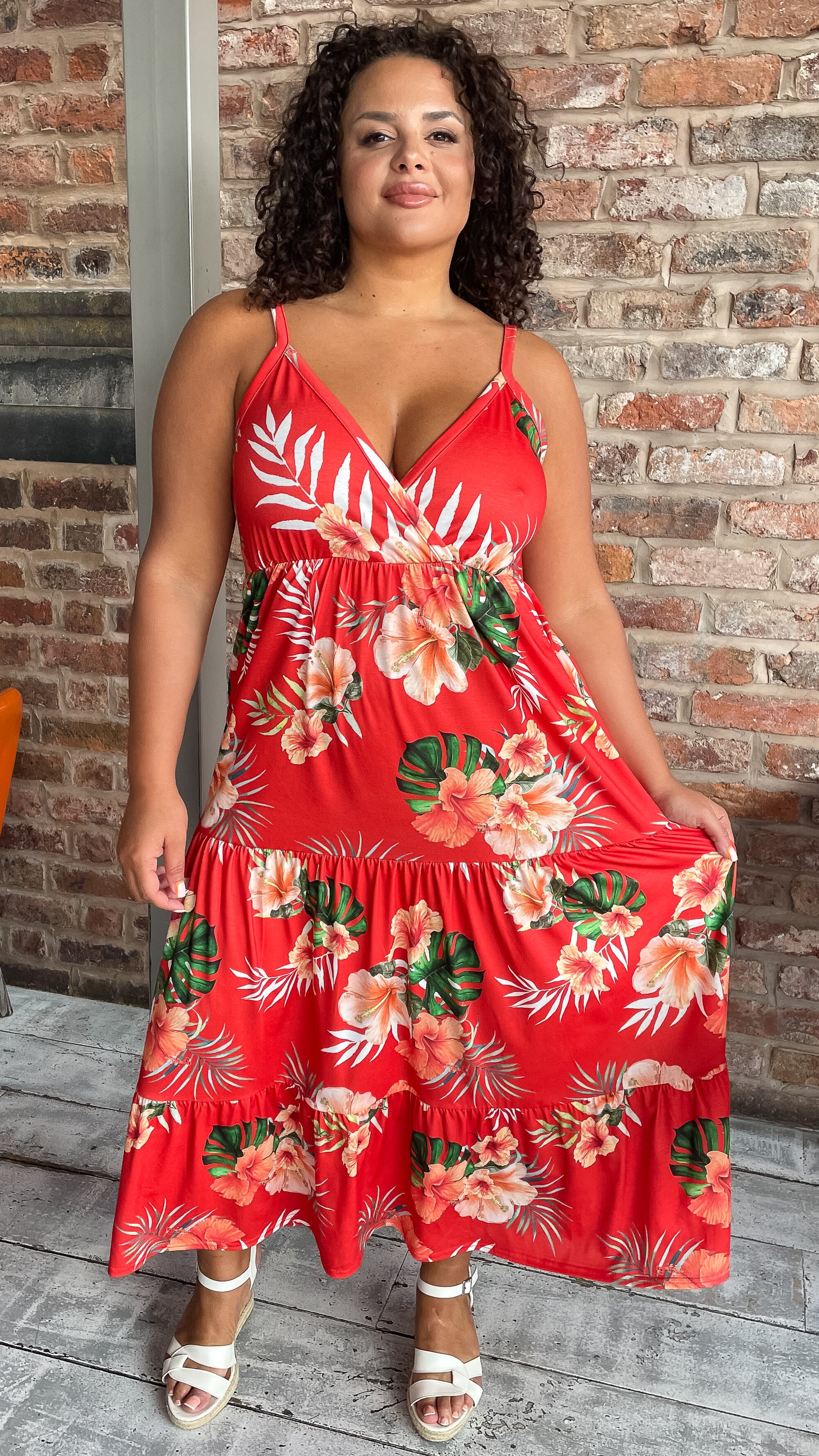 CurveWow Cherry Red Tropical Wrap Bust Maxi Dress - Image 7