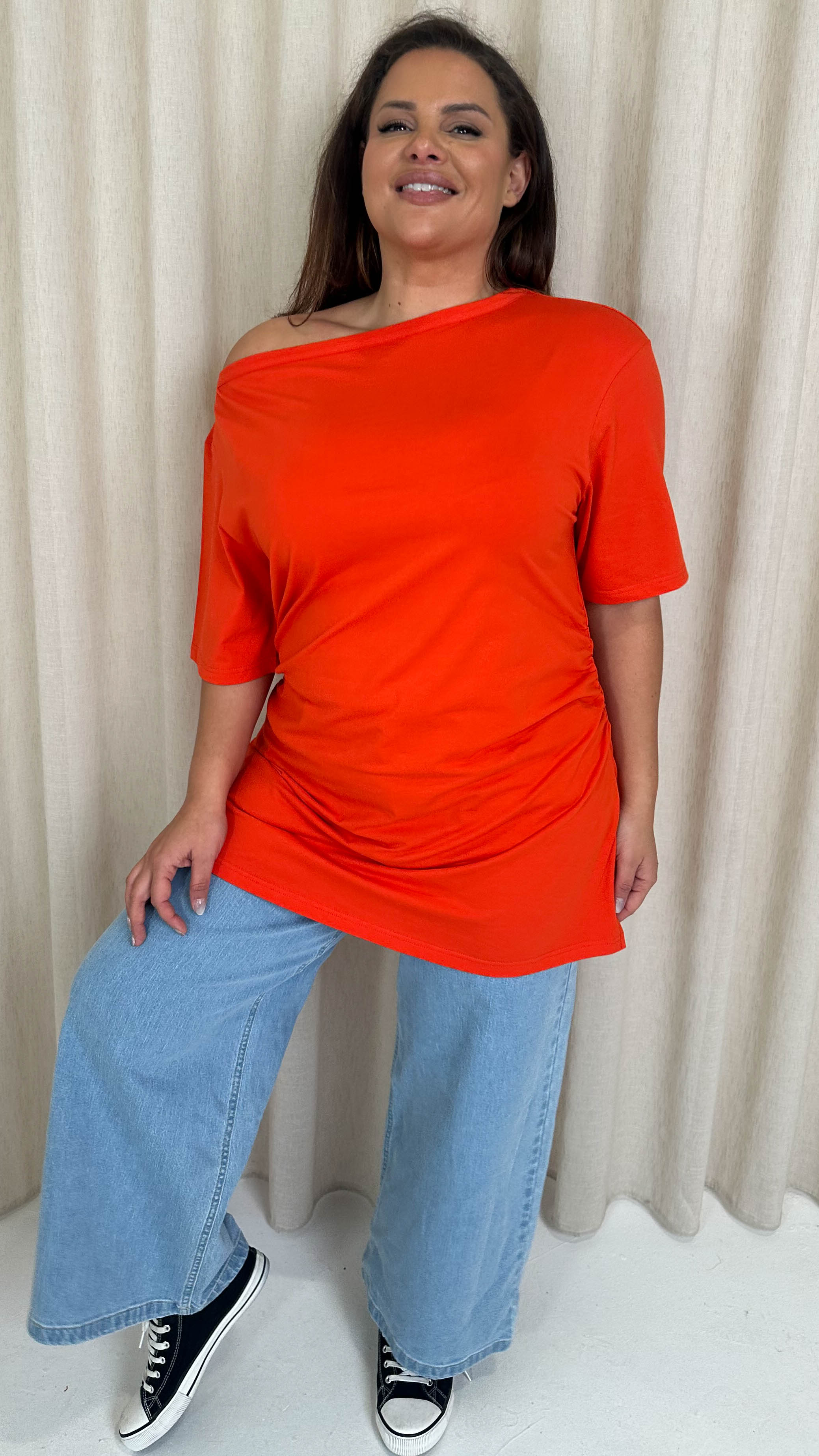 CurveWow Cinched Waist Drop Shoulder Top Red - Image 4