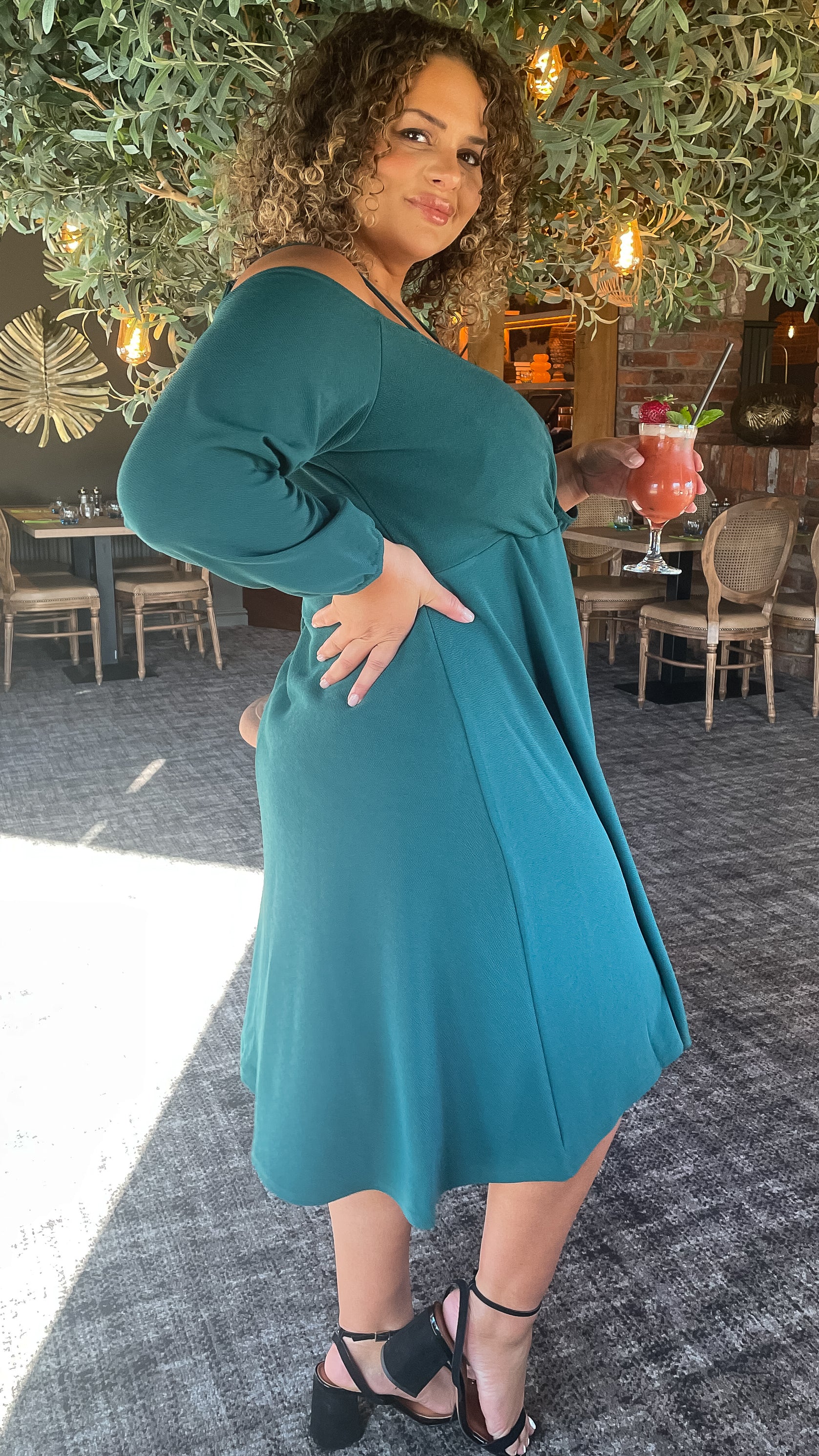 CurveWow Cold Shoulder Dress Green - Image 6