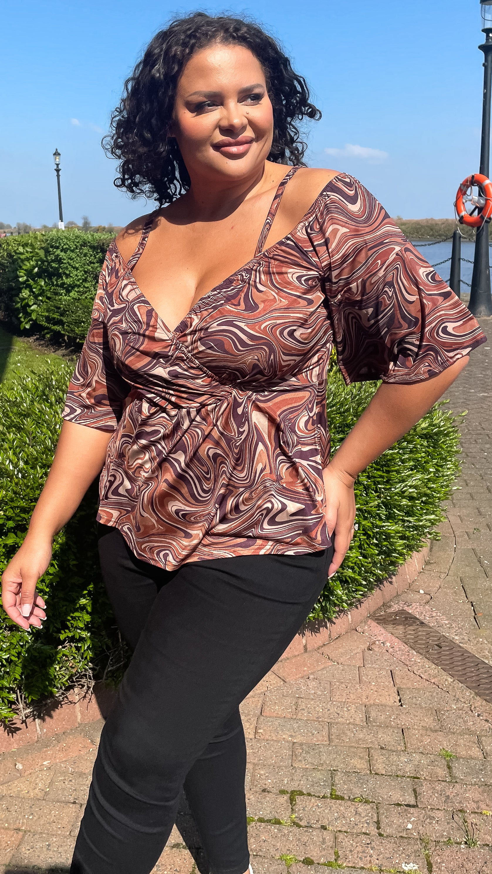 CurveWow Cold Shoulder Tunic Chocolate Marble - Image 3