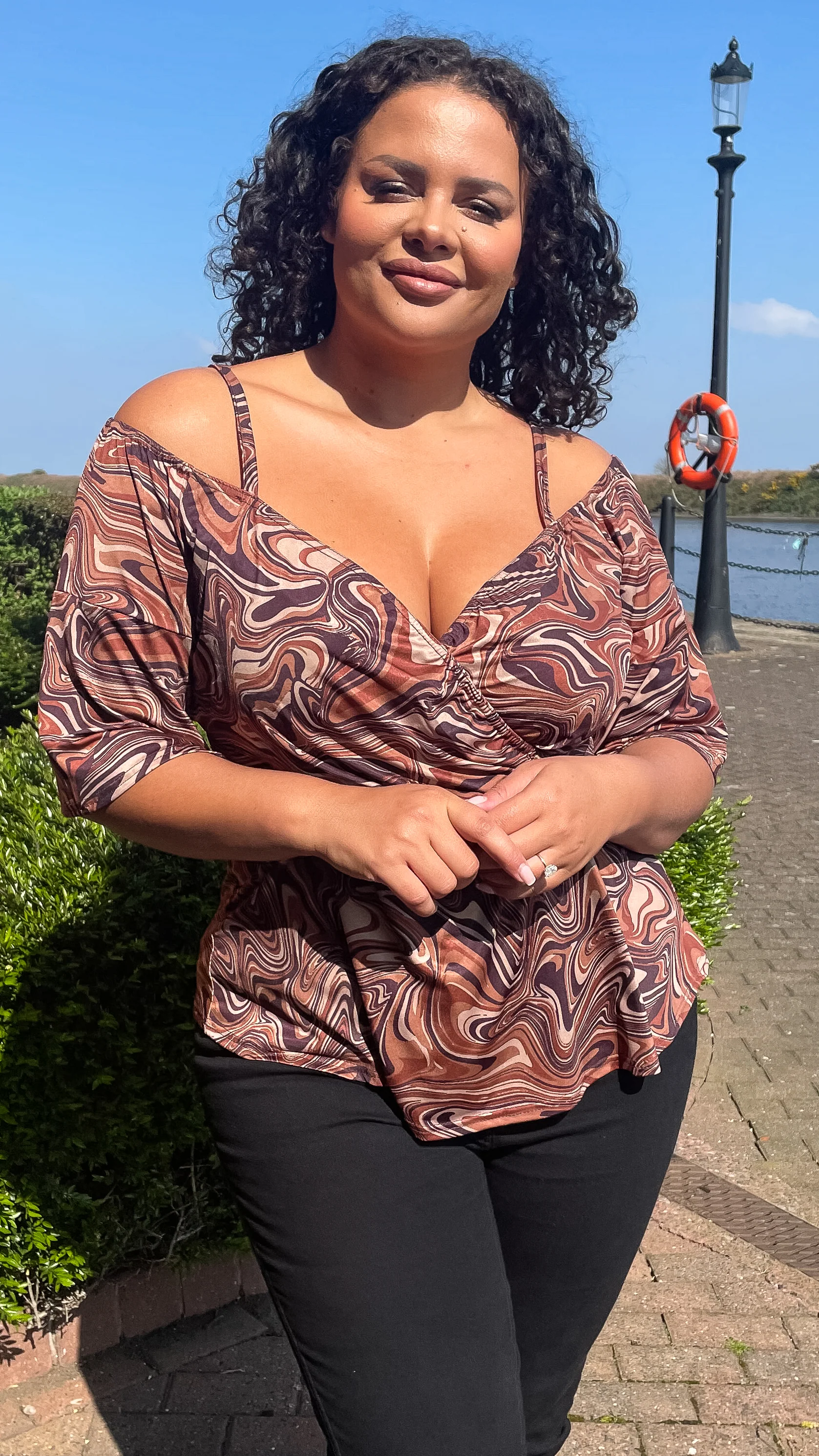 CurveWow Cold Shoulder Tunic Chocolate Marble - Image 4