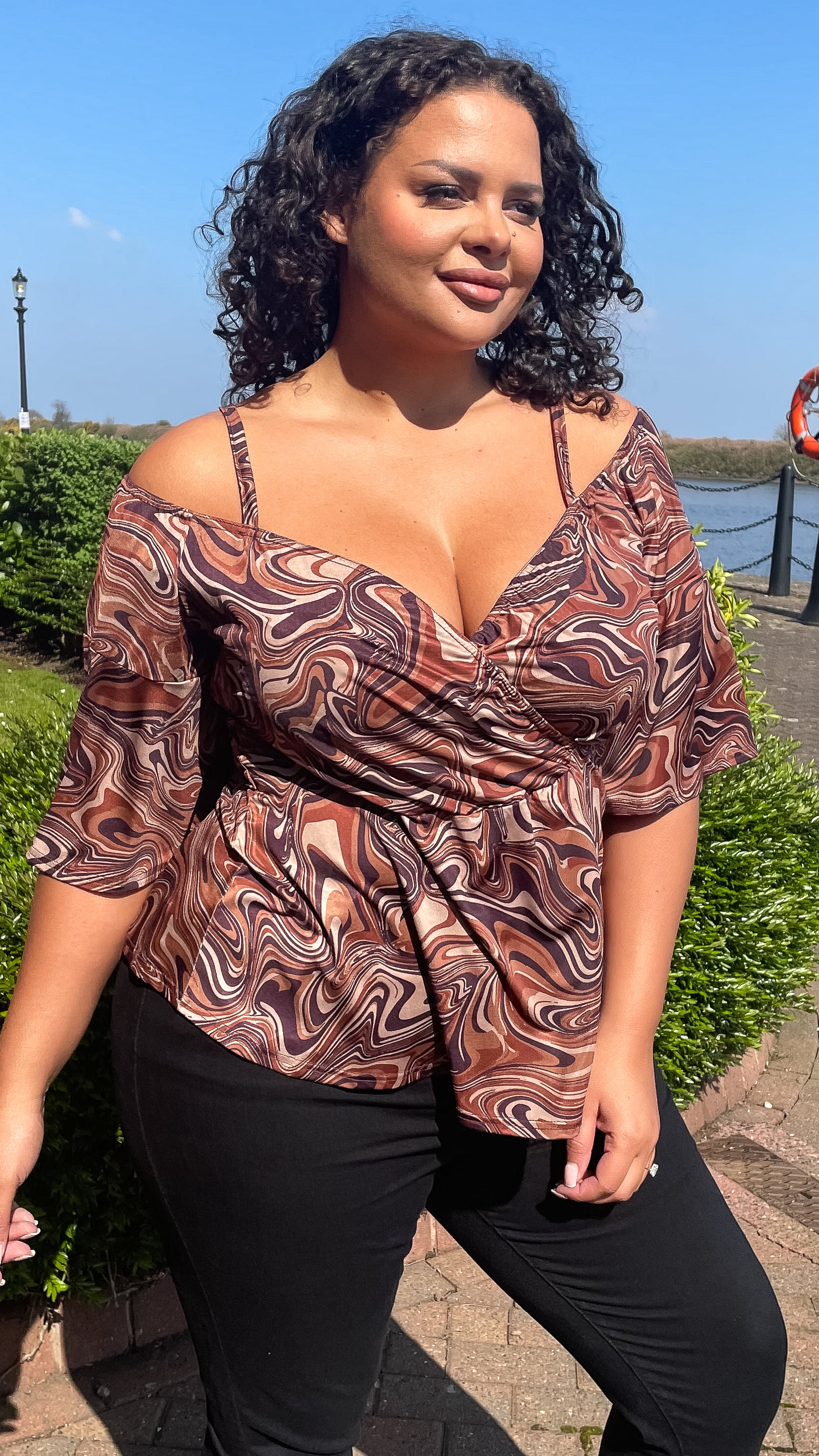 CurveWow Cold Shoulder Tunic Chocolate Marble - Image 5