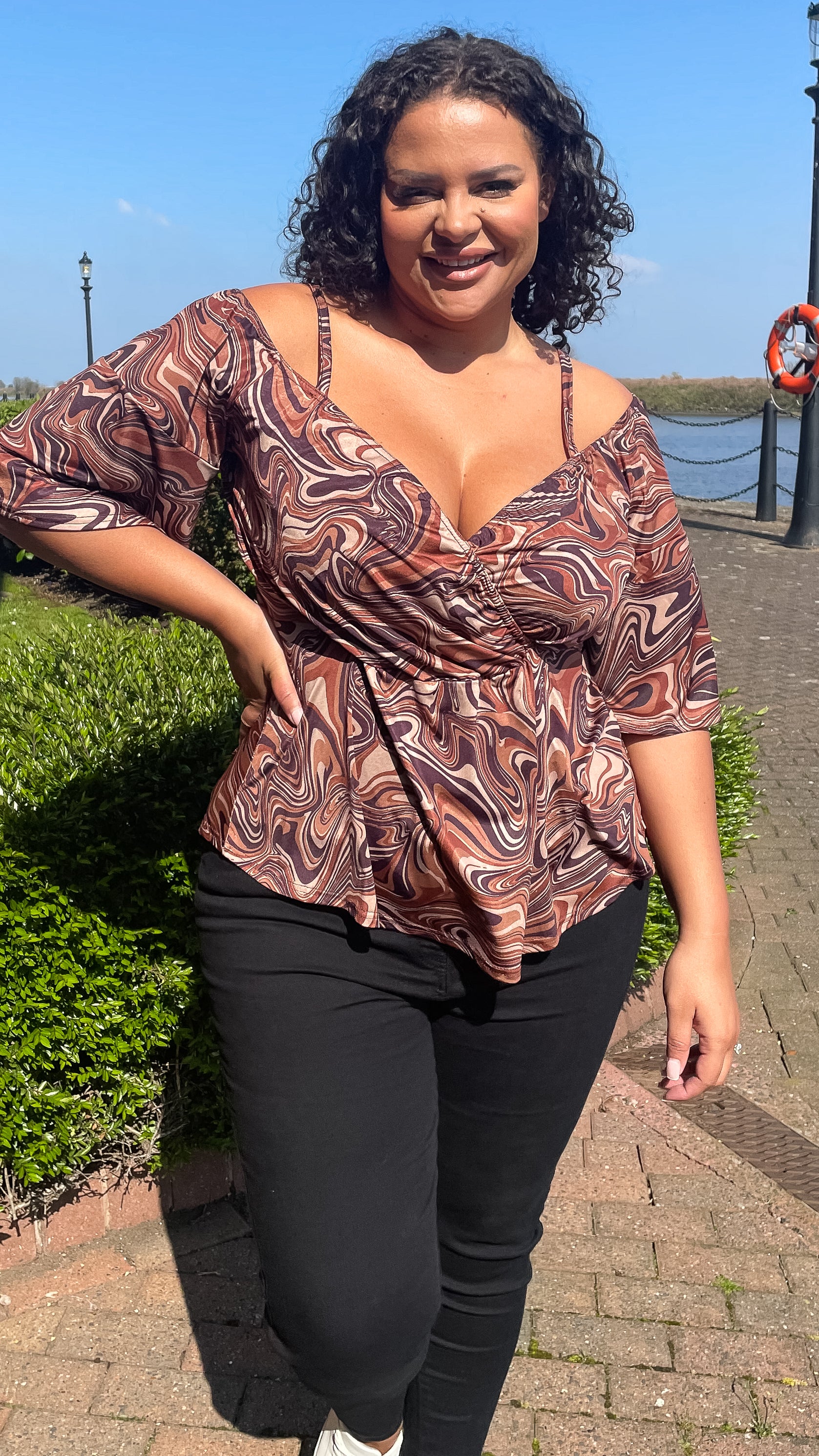 CurveWow Cold Shoulder Tunic Chocolate Marble - Image 7
