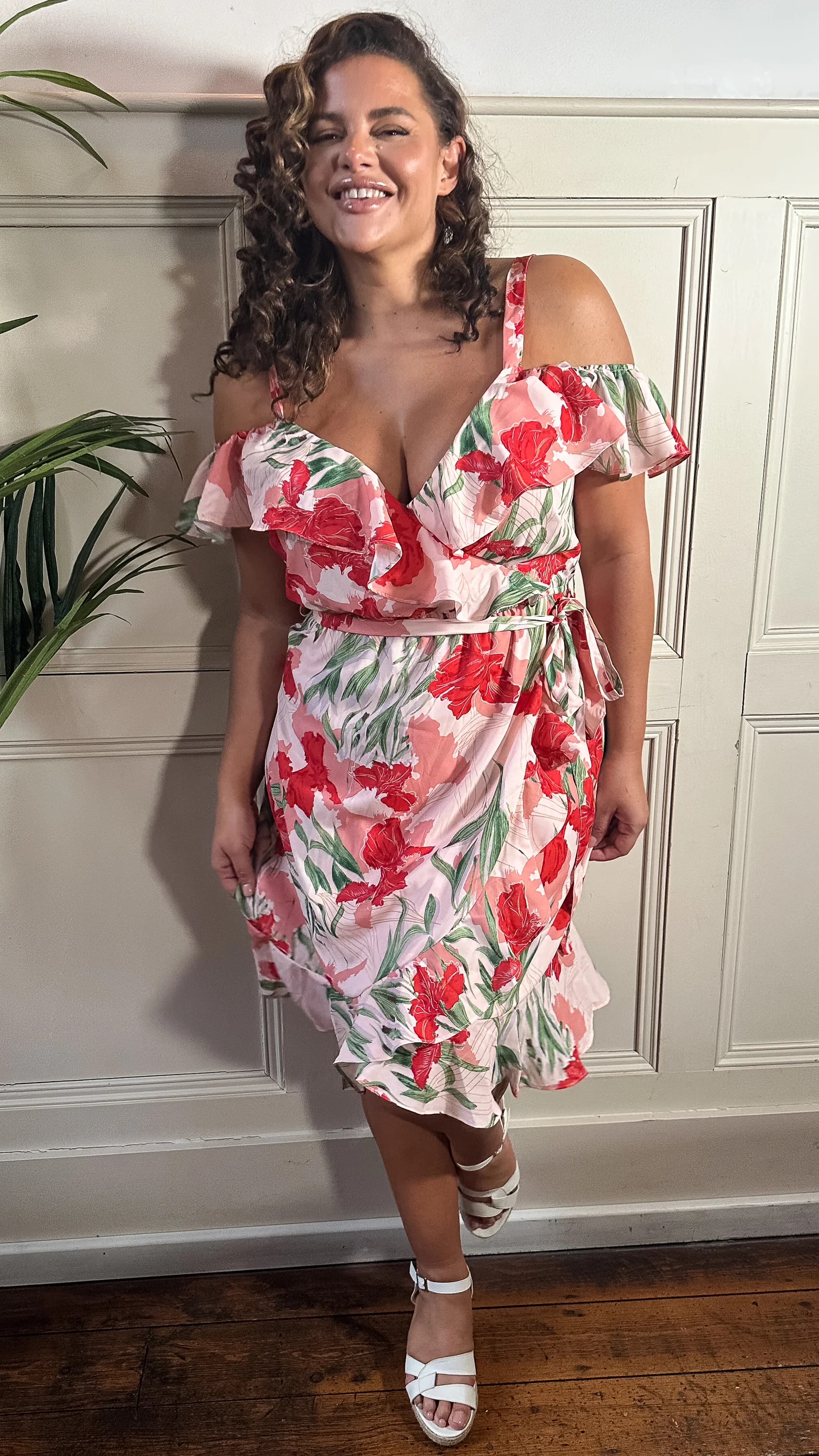 CurveWow Cold Shoulder Wrap Dress Pink Red Floral - Image 4