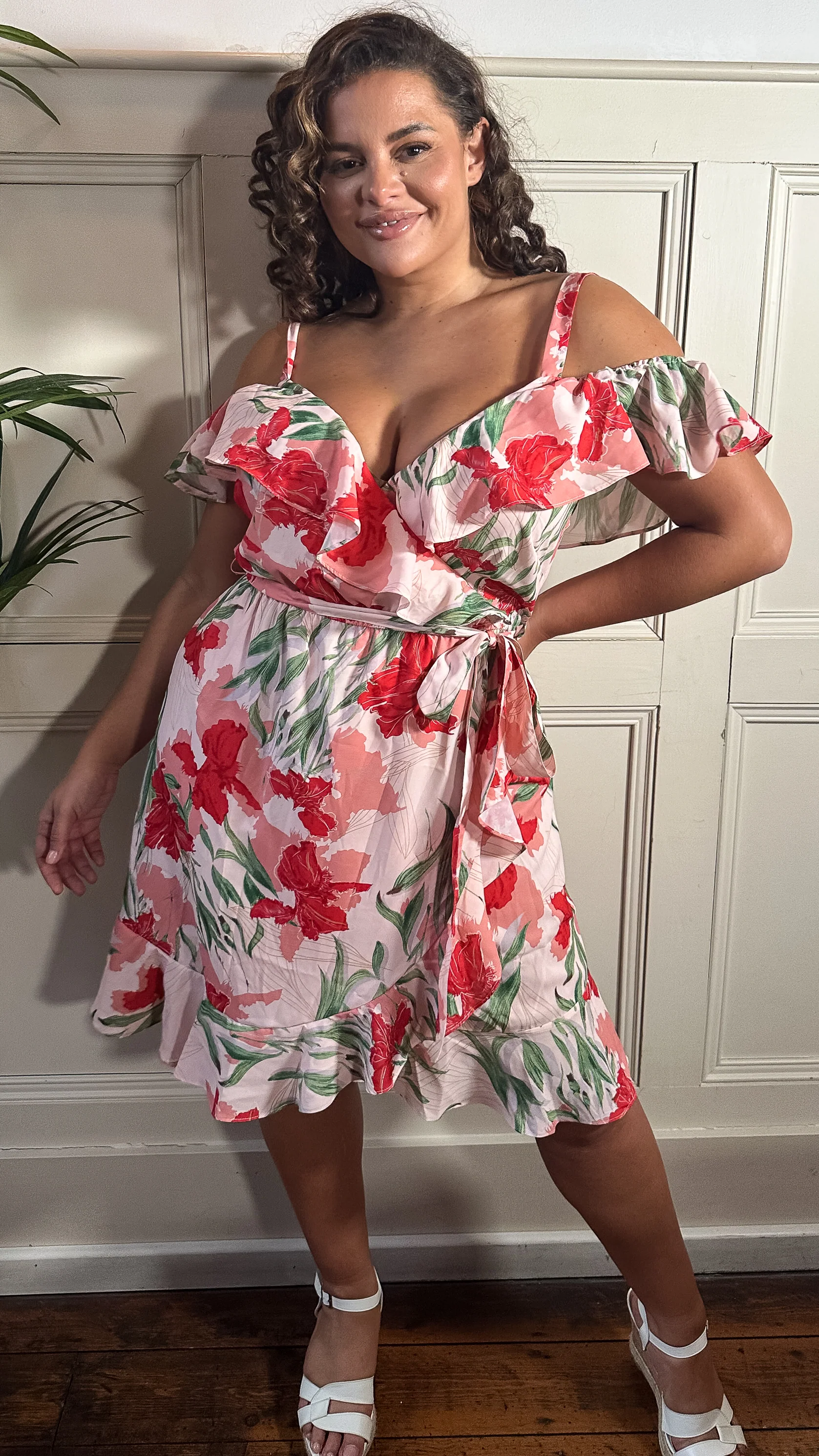 CurveWow Cold Shoulder Wrap Dress Pink Red Floral - Image 7