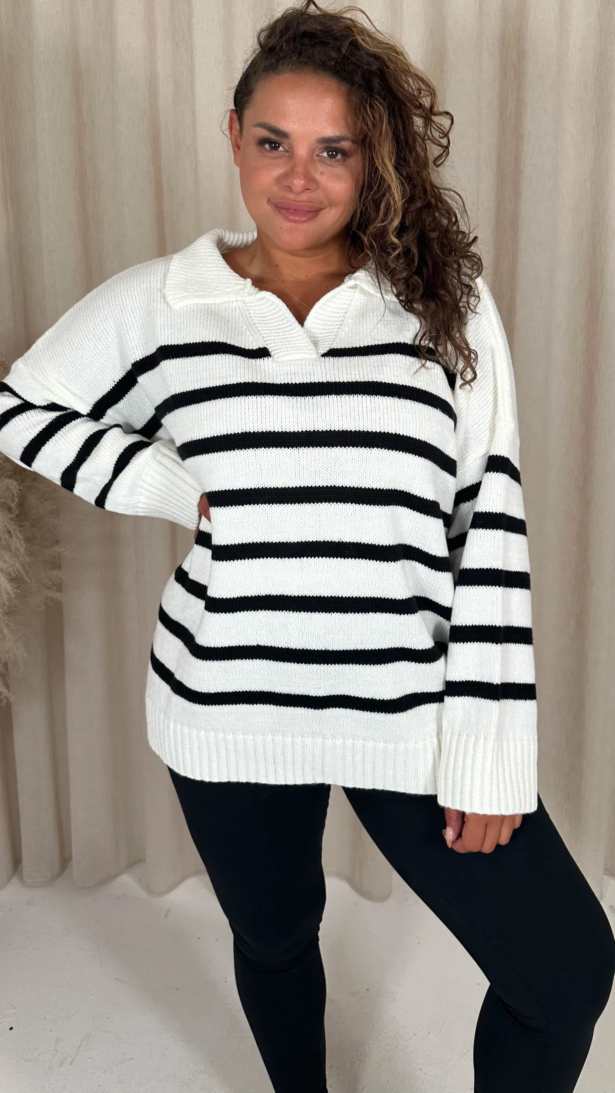 CurveWow Collar Stripe Knitted Jumper Cream