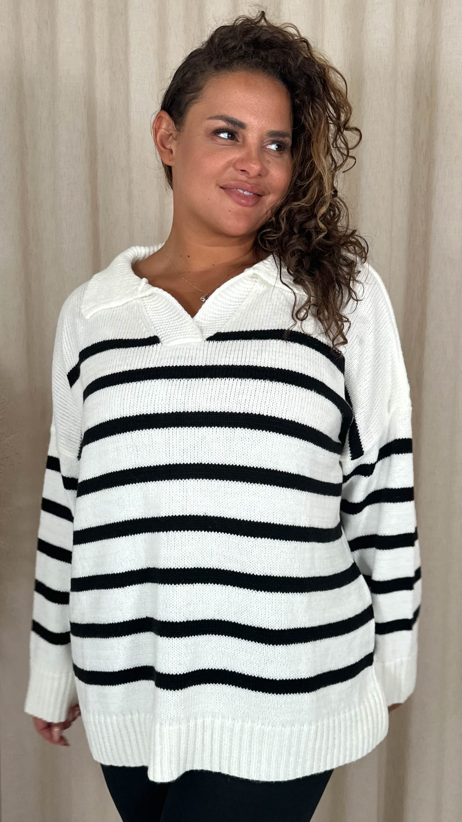 CurveWow Collar Stripe Knitted Jumper Cream - Image 6