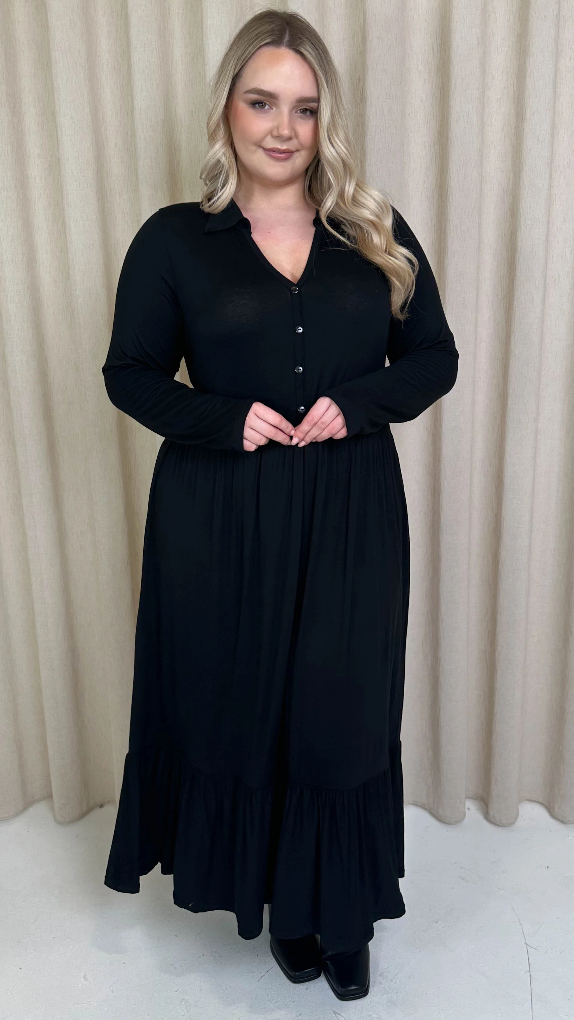 CurveWow Collared Button Smock Dress Black - Image 3