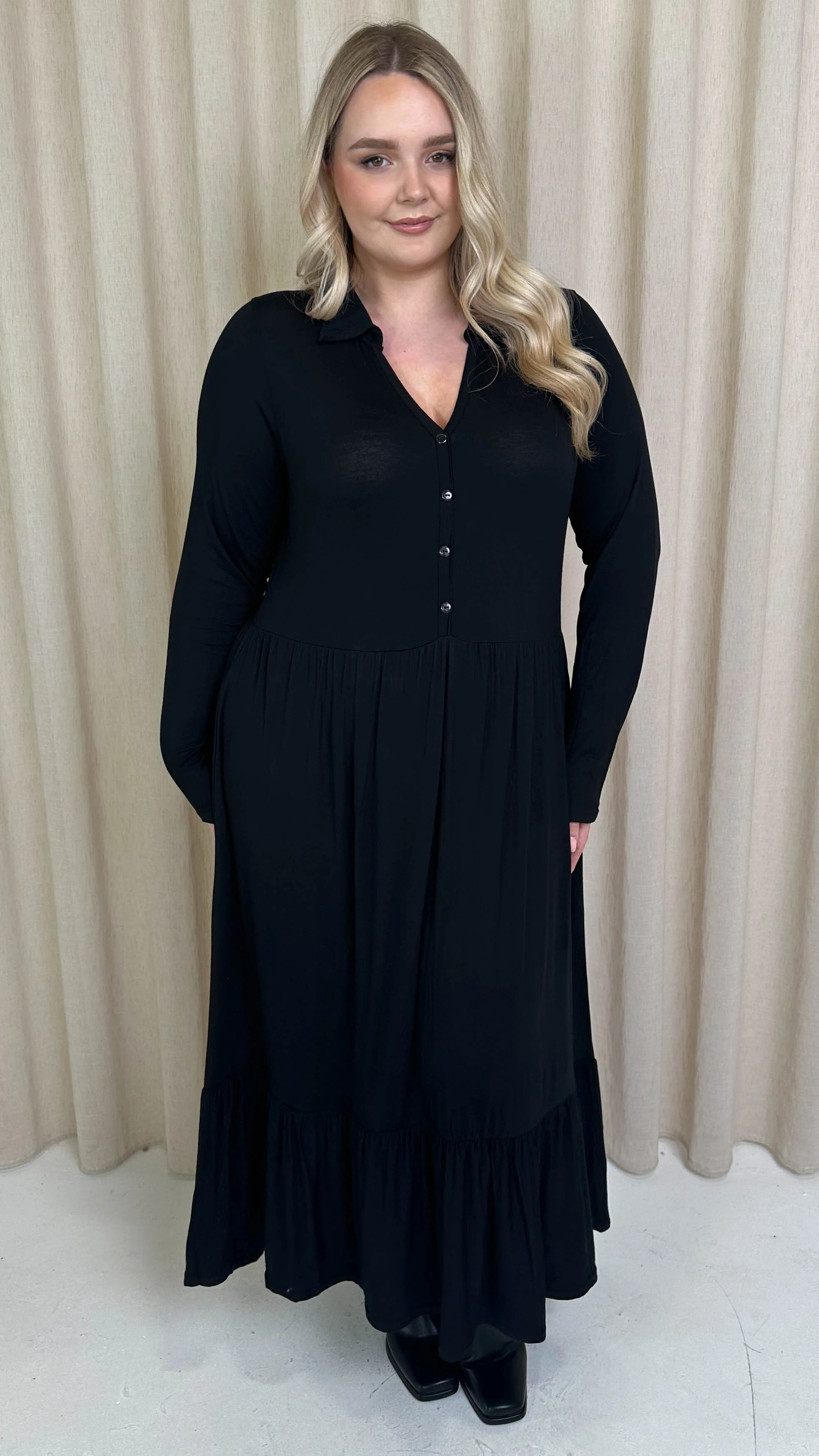 CurveWow Collared Button Smock Dress Black - Image 4