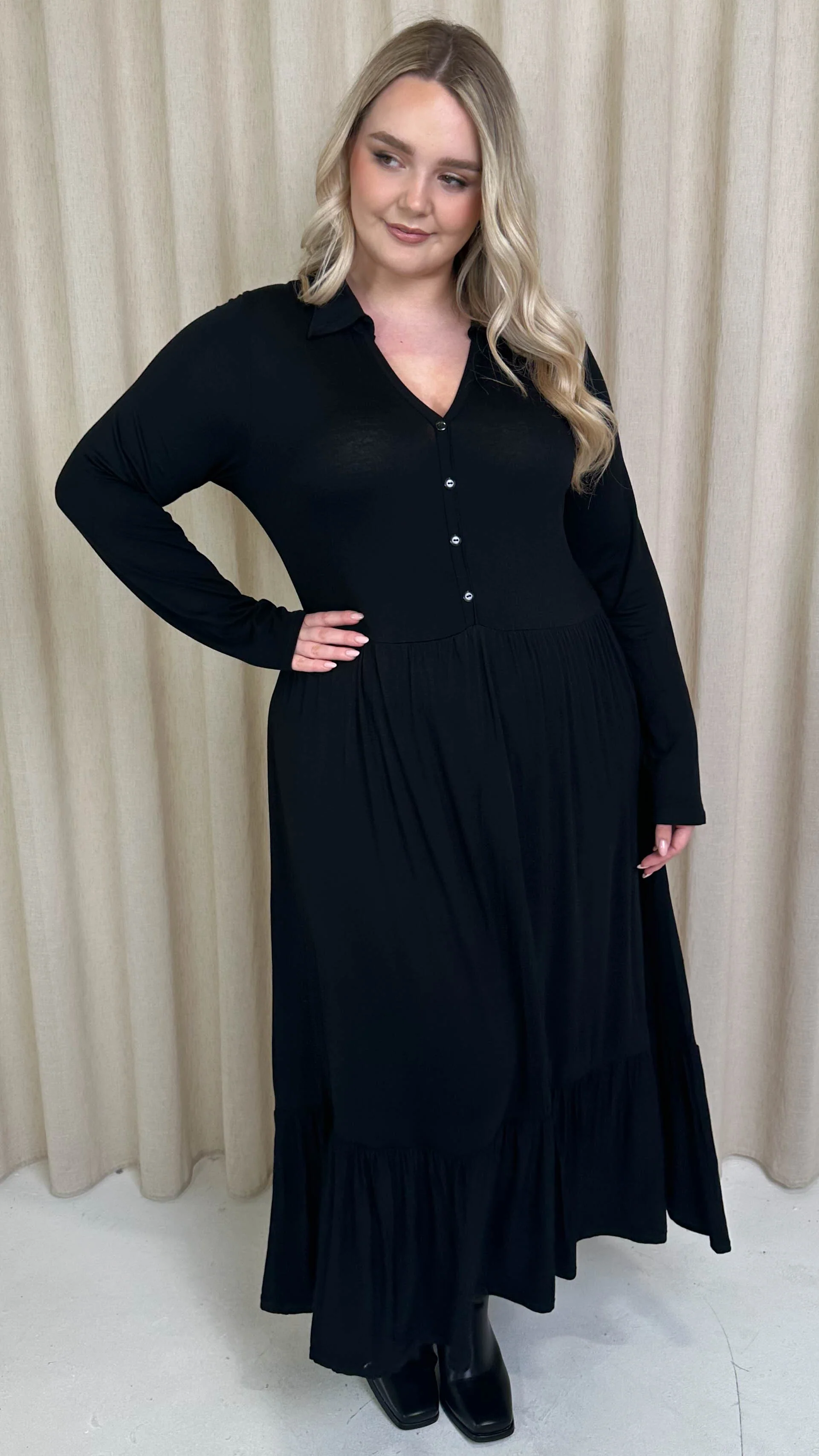 CurveWow Collared Button Smock Dress Black - Image 5
