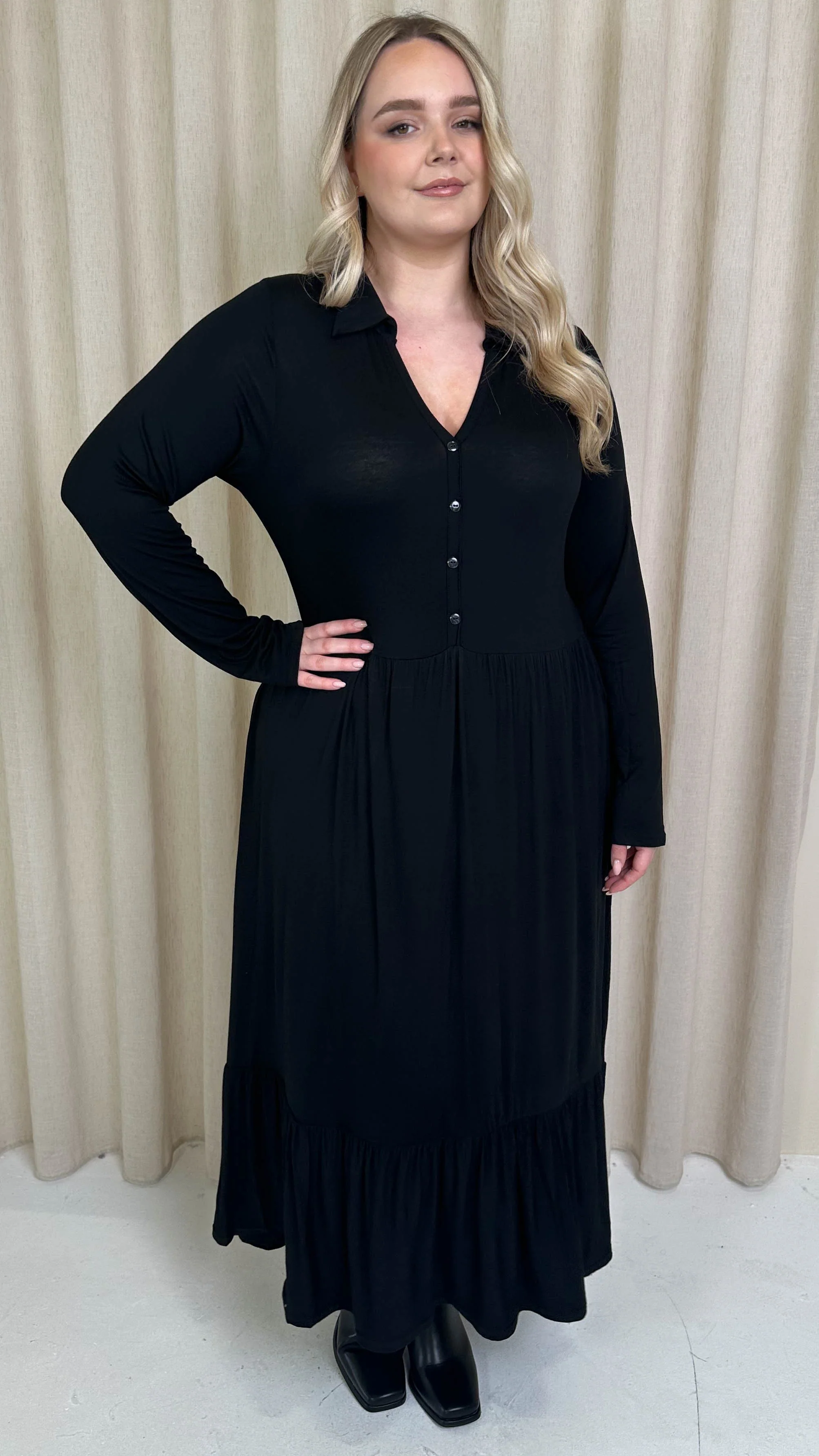 CurveWow Collared Button Smock Dress Black - Image 6
