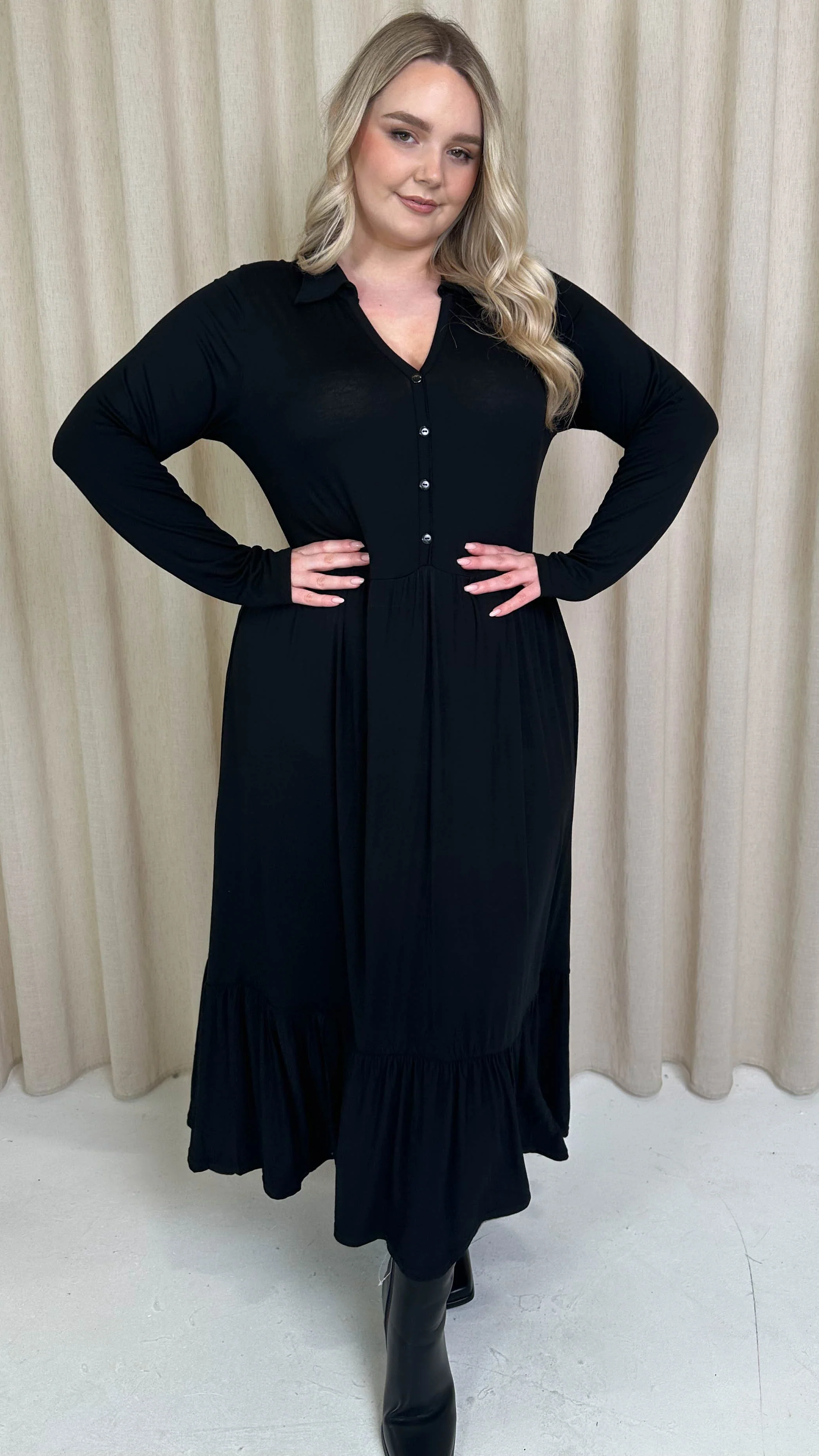 CurveWow Collared Button Smock Dress Black - Image 7