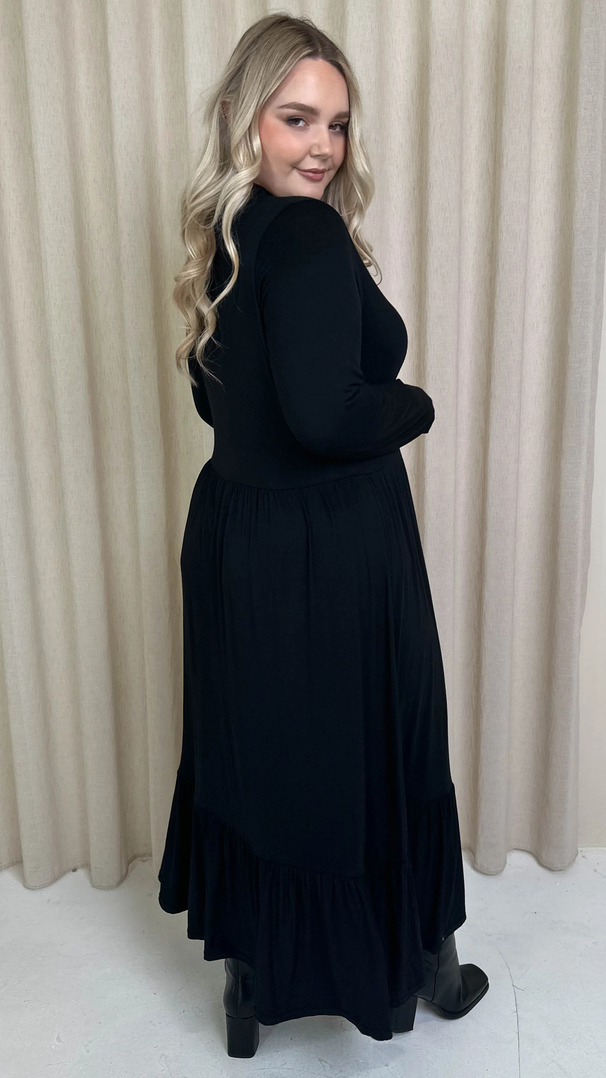 CurveWow Collared Button Smock Dress Black - Image 9