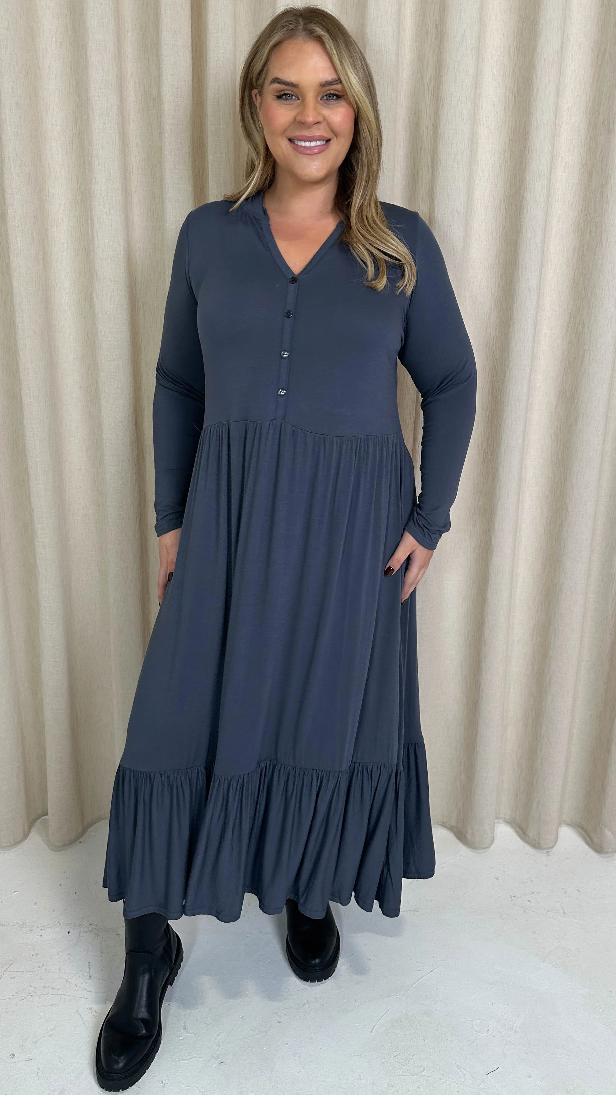 CurveWow Collared Button Smock Dress Slate Grey