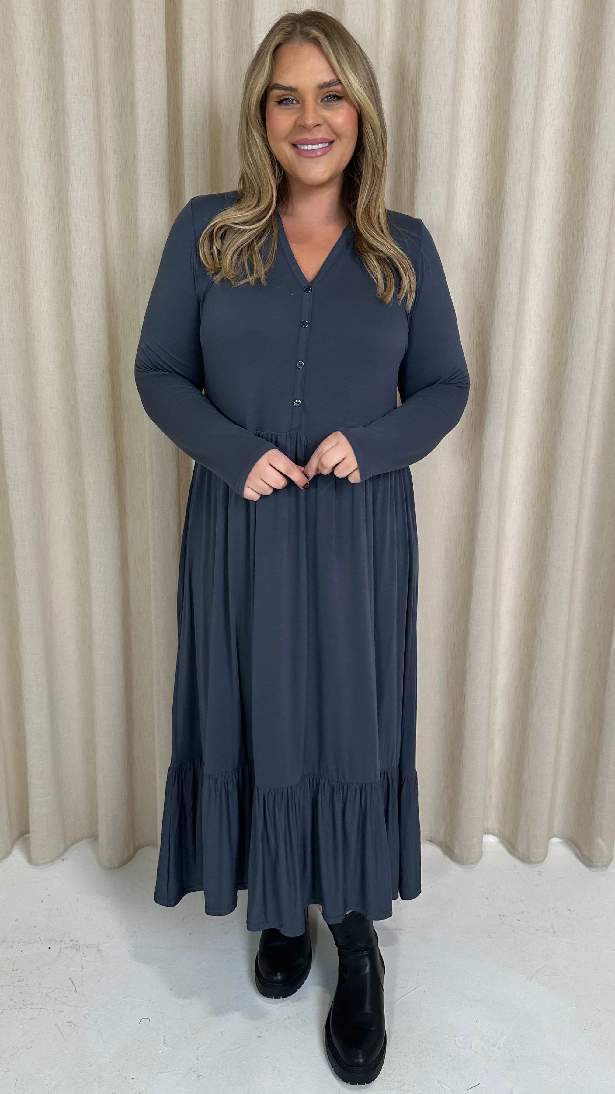 CurveWow Collared Button Smock Dress Slate Grey - Image 3