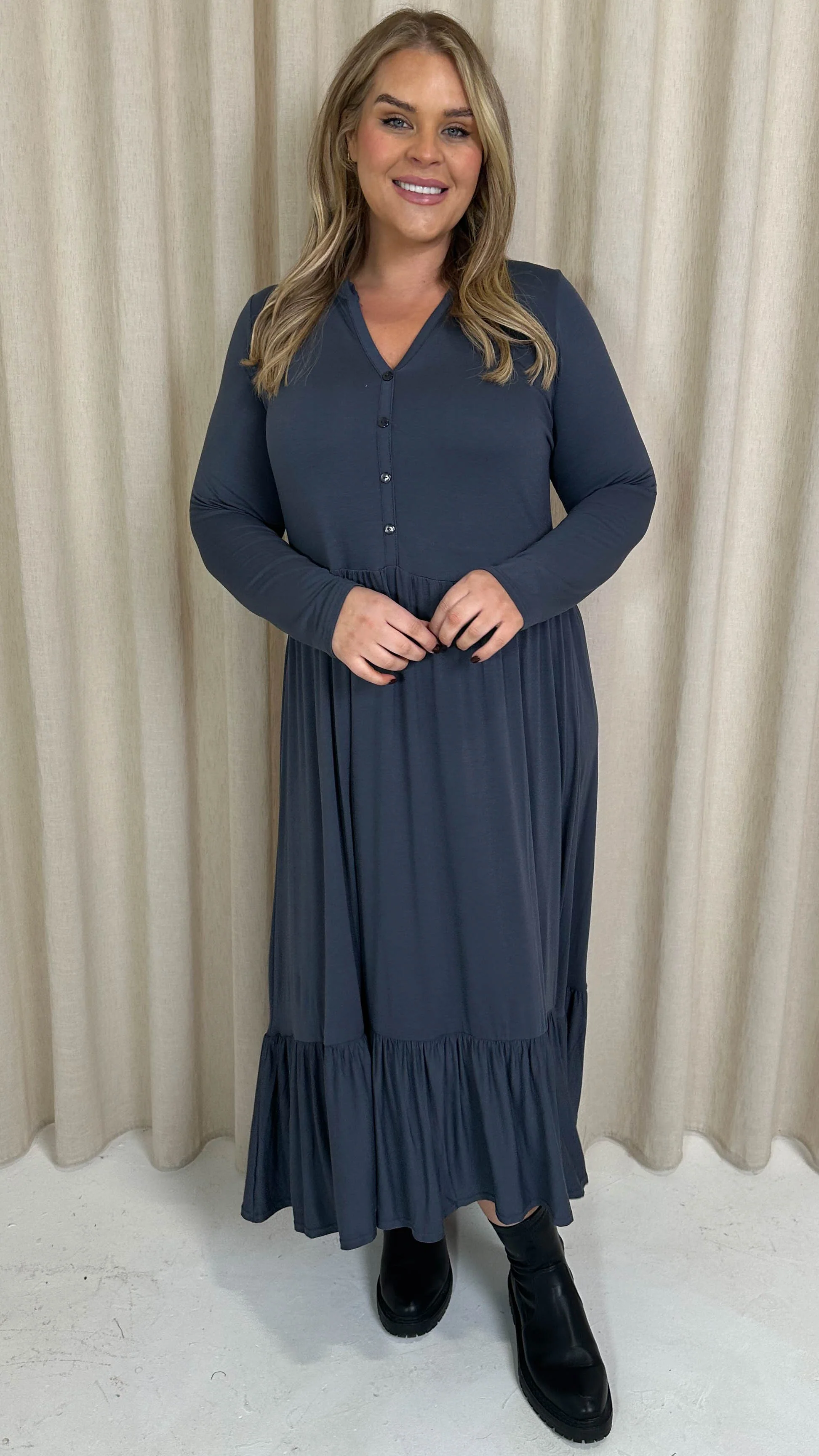 CurveWow Collared Button Smock Dress Slate Grey - Image 4