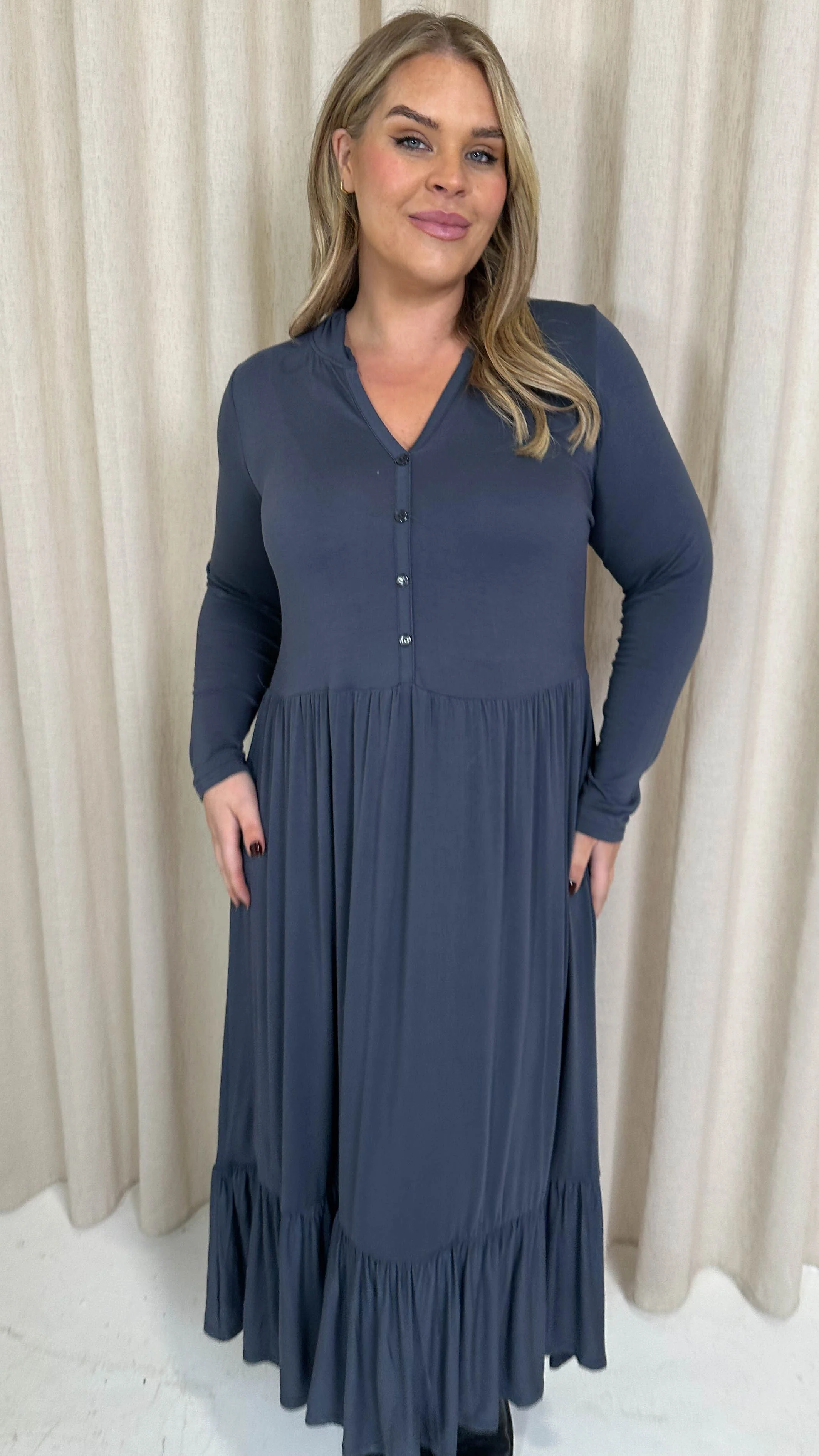 CurveWow Collared Button Smock Dress Slate Grey - Image 5