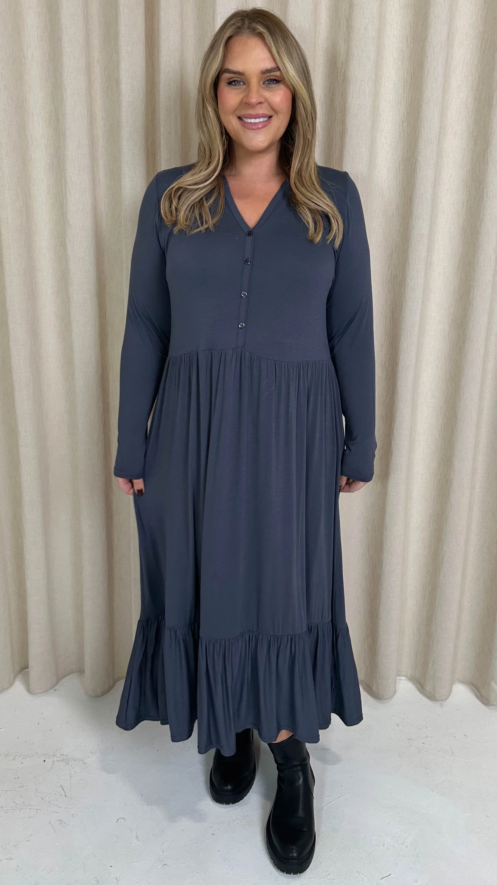 CurveWow Collared Button Smock Dress Slate Grey - Image 7