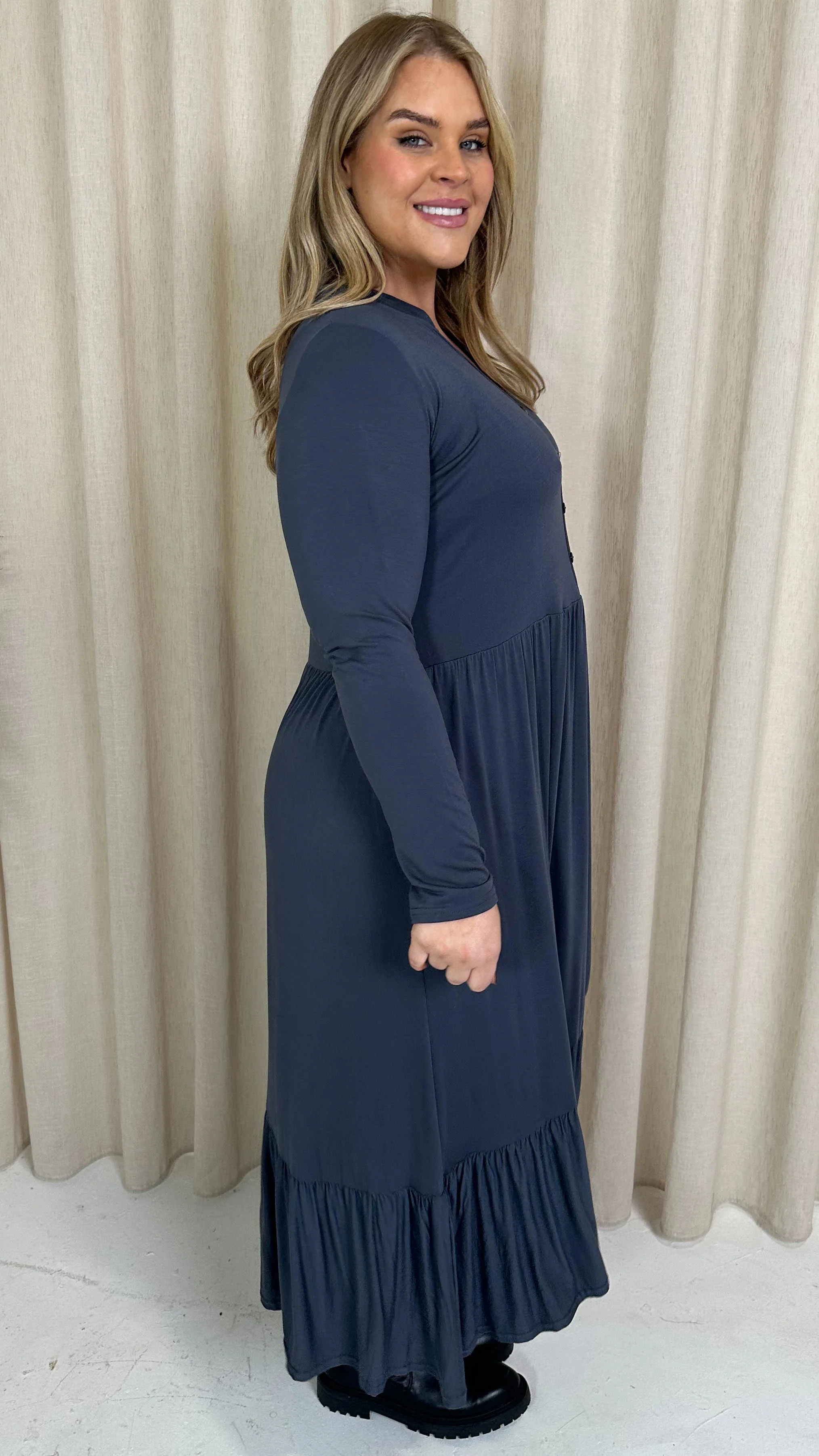 CurveWow Collared Button Smock Dress Slate Grey - Image 9