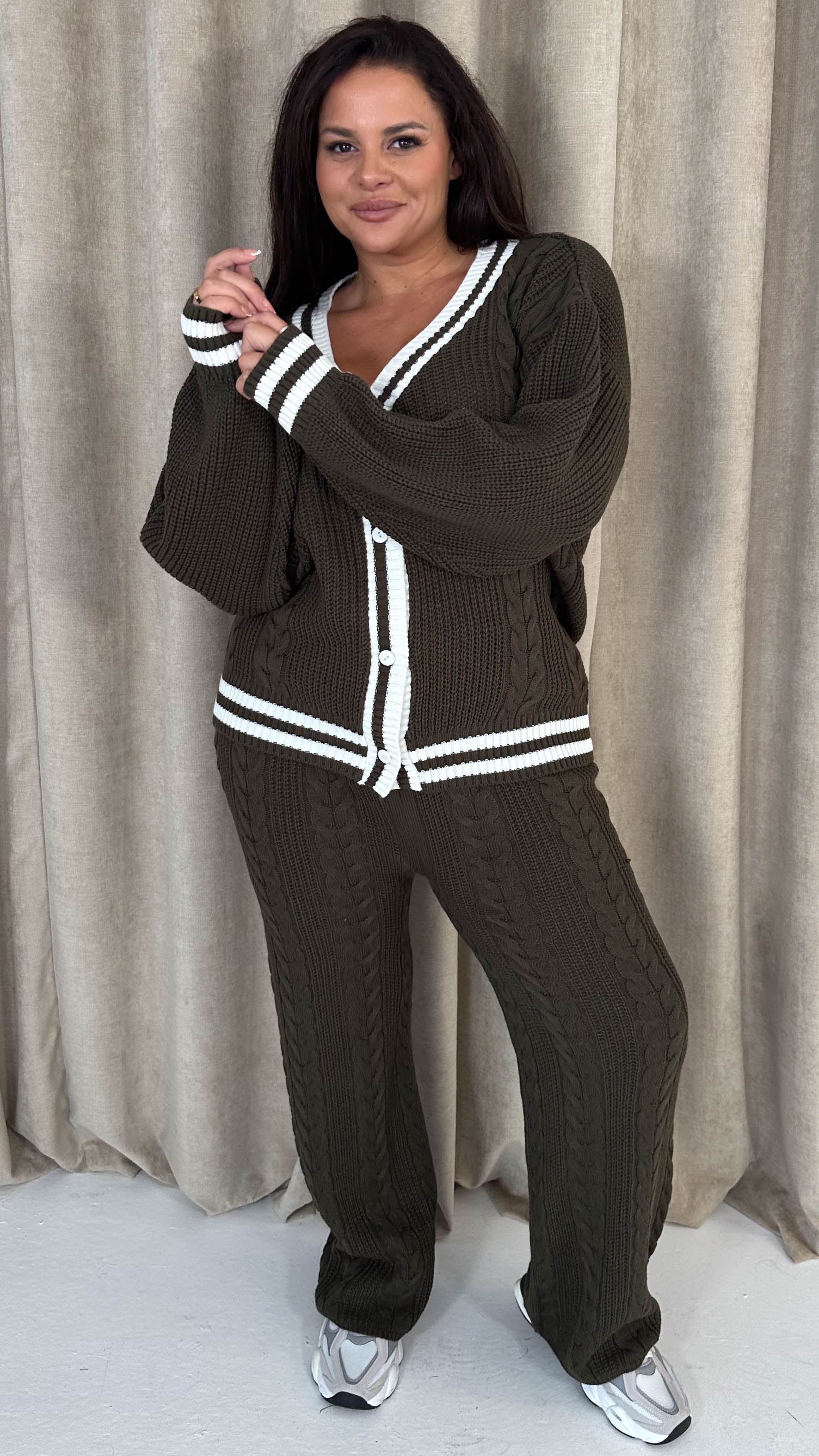 CurveWow Stripe Tape Cardigan Co-Ord Khaki - Image 4