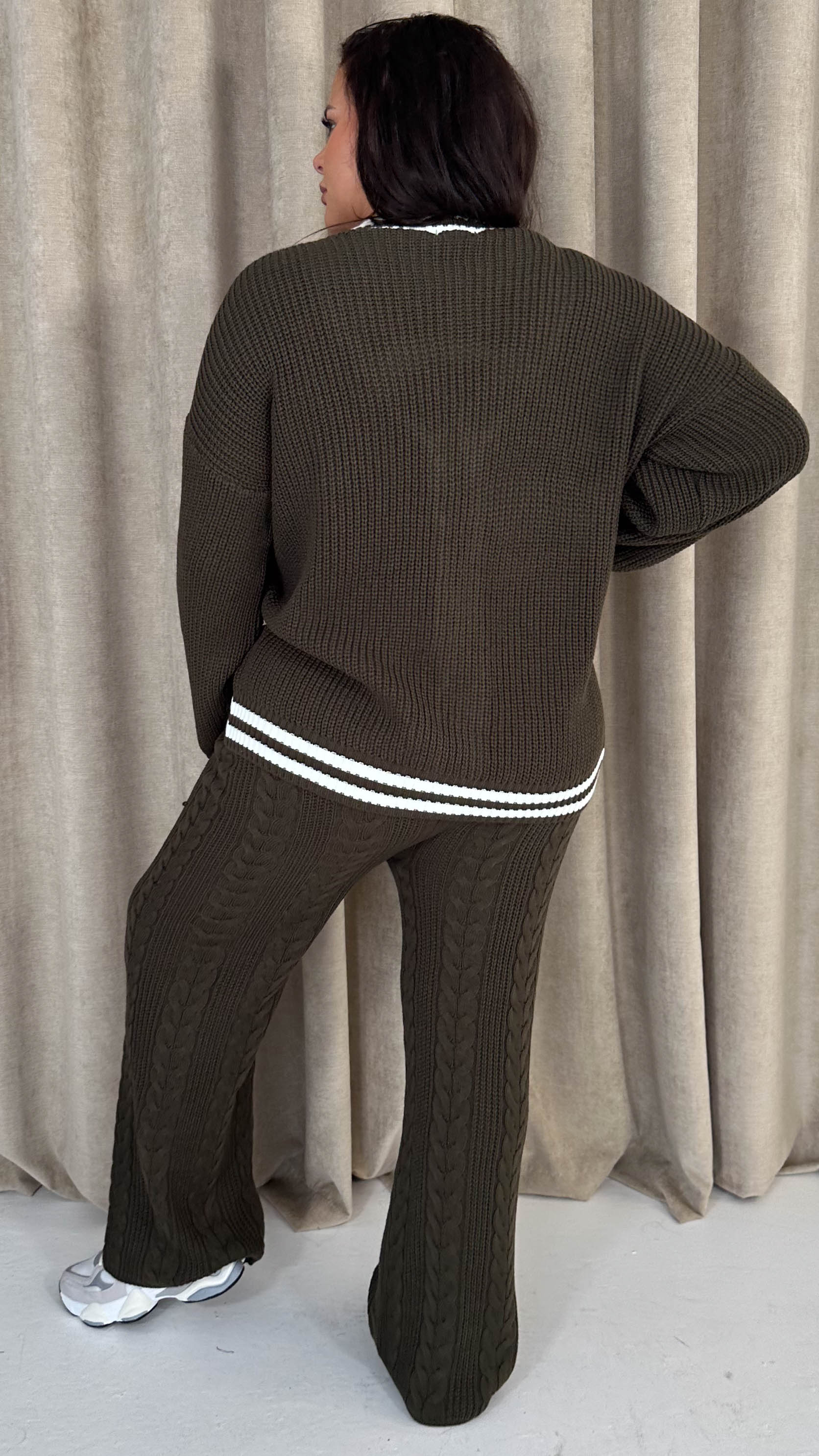 CurveWow Stripe Tape Cardigan Co-Ord Khaki - Image 9