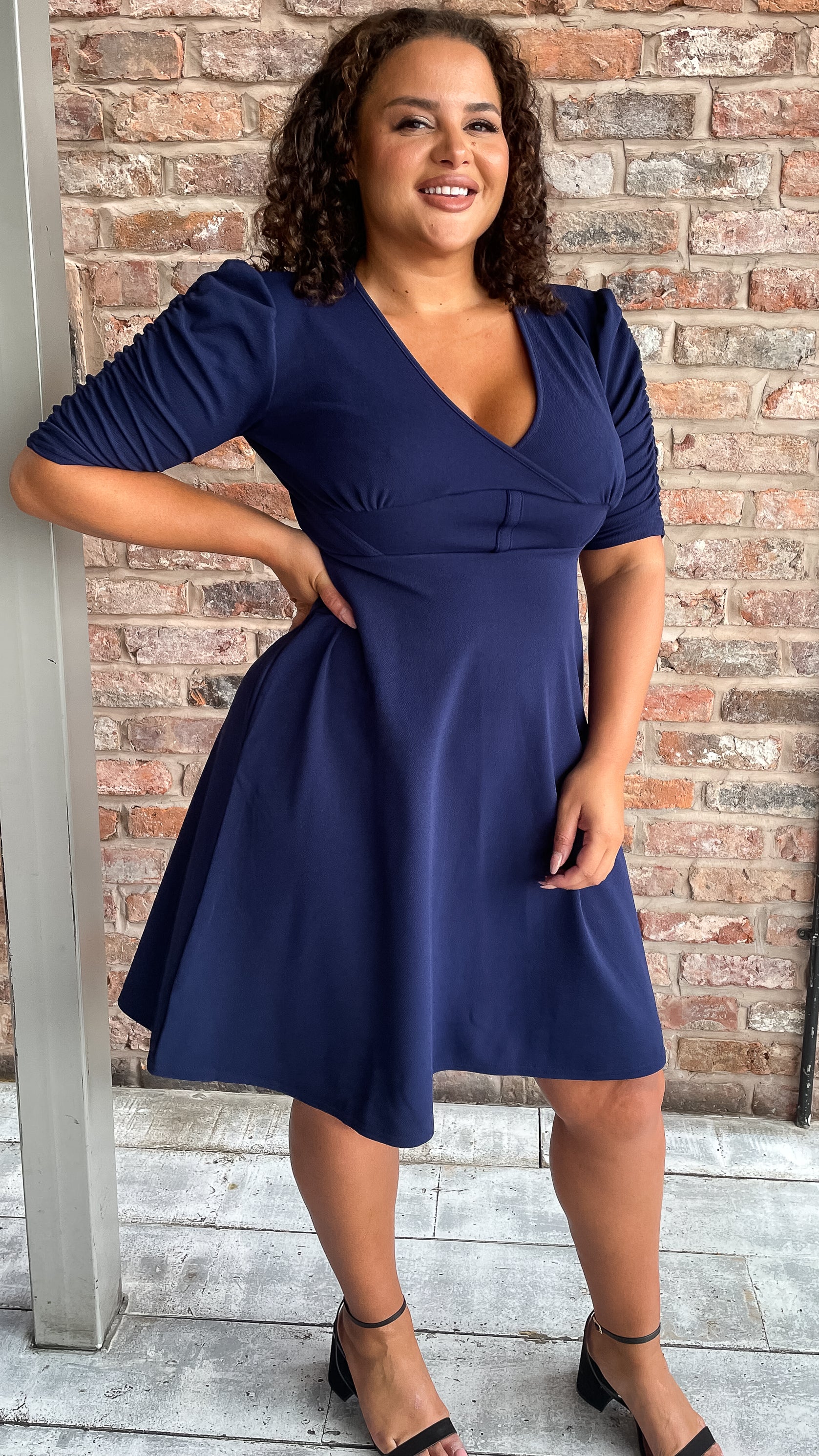 CurveWow Corset Waist Wrap Dress Navy - Image 7