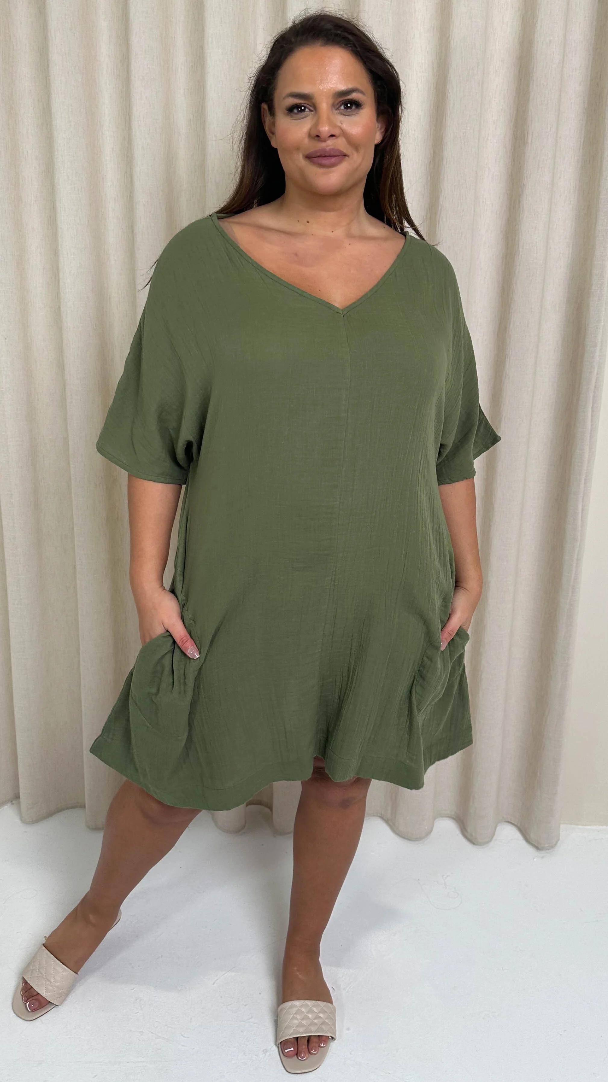 CurveWow Cotton Pocket Dress Khaki - Image 3