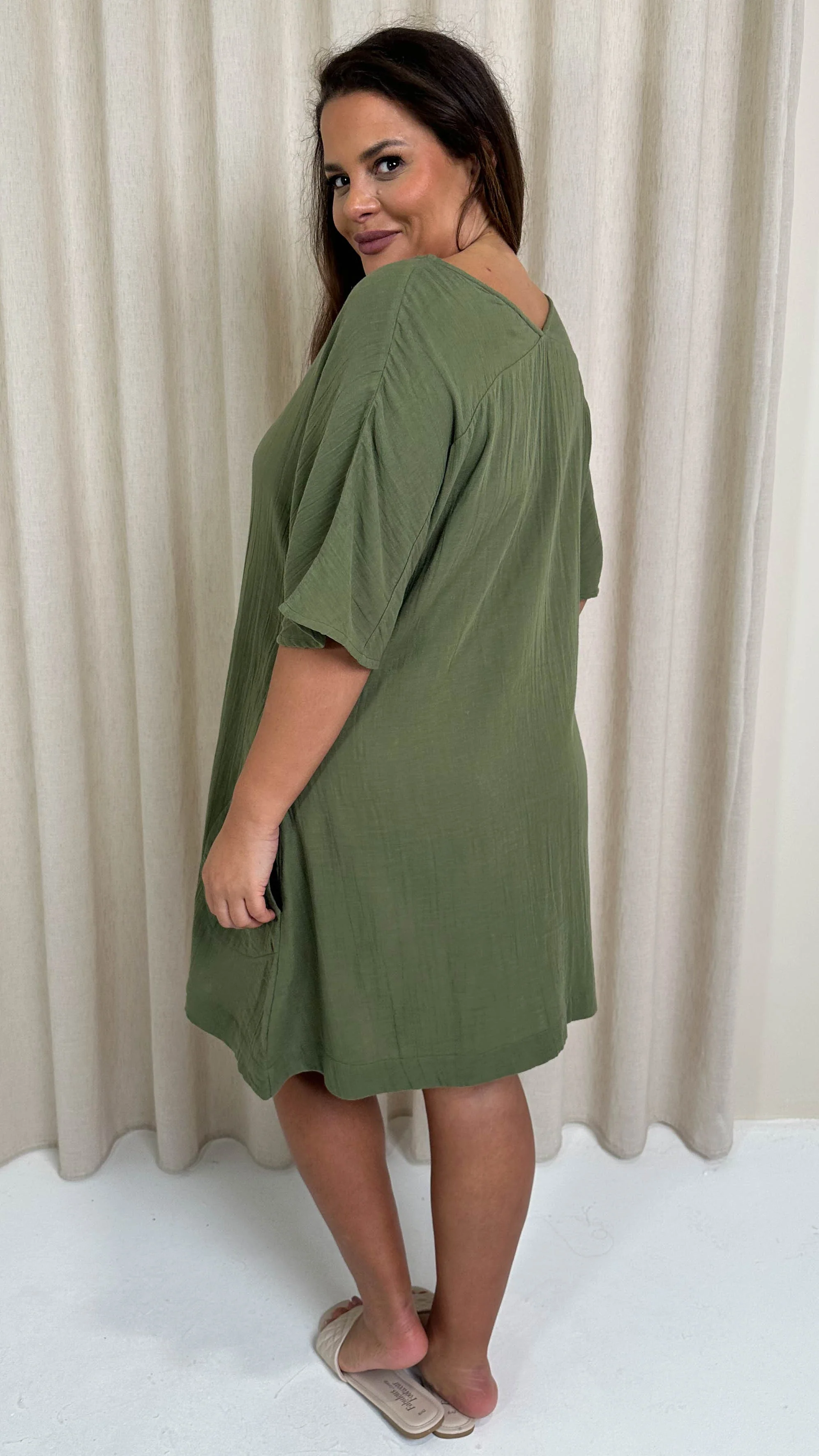 CurveWow Cotton Pocket Dress Khaki - Image 5