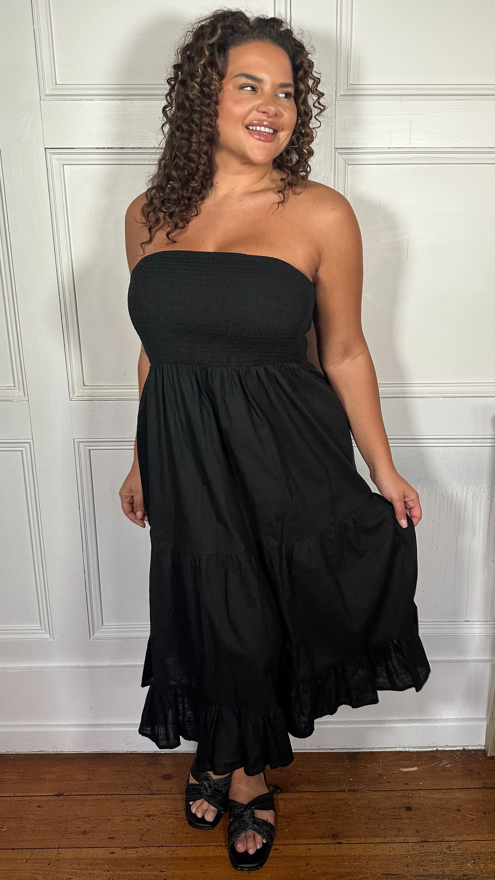 CurveWow Cotton Shirred Bandeau Midi Dress Black - Image 4