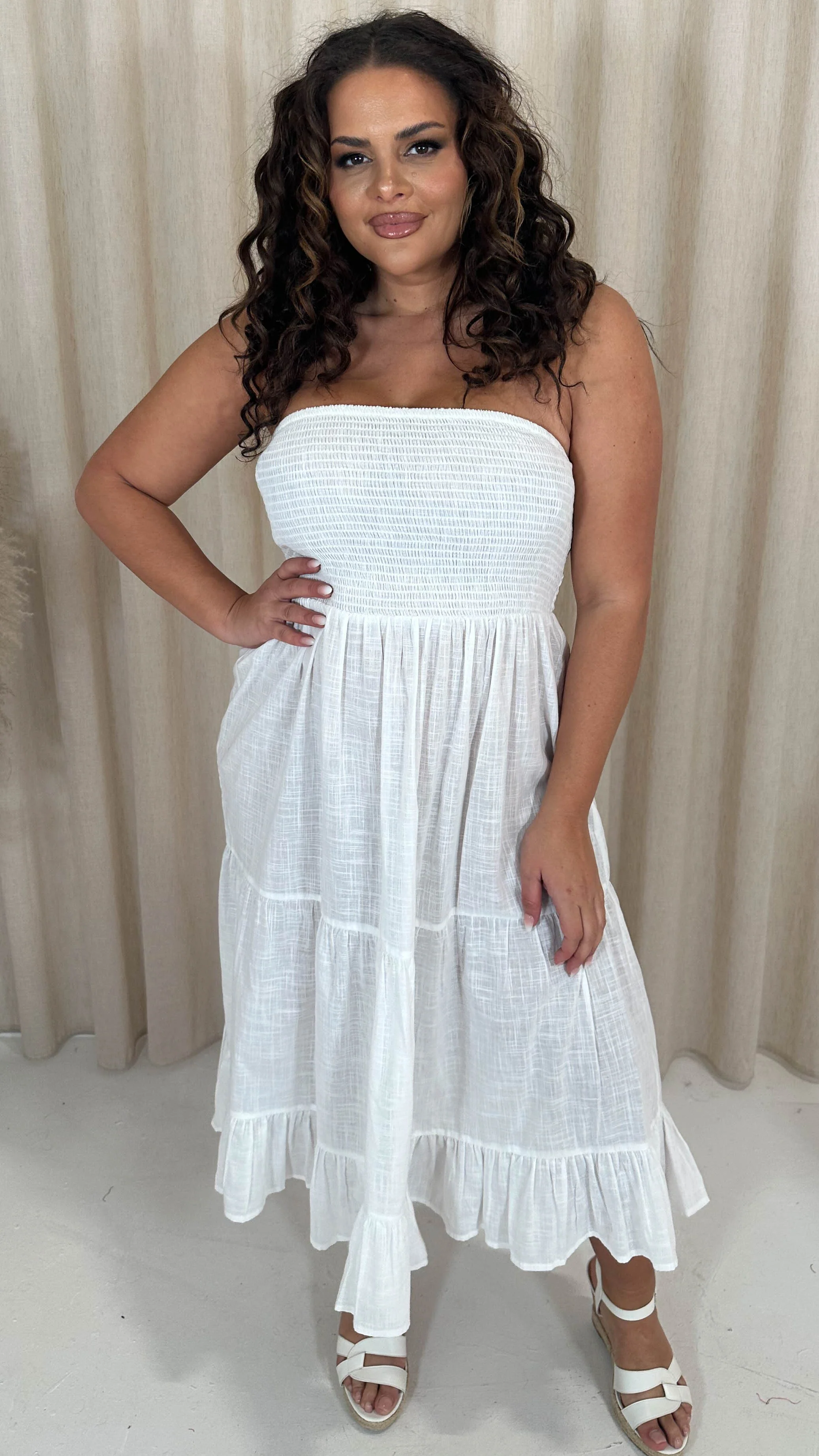 CurveWow Cotton Shirred Bandeau Midi Dress White - Image 5