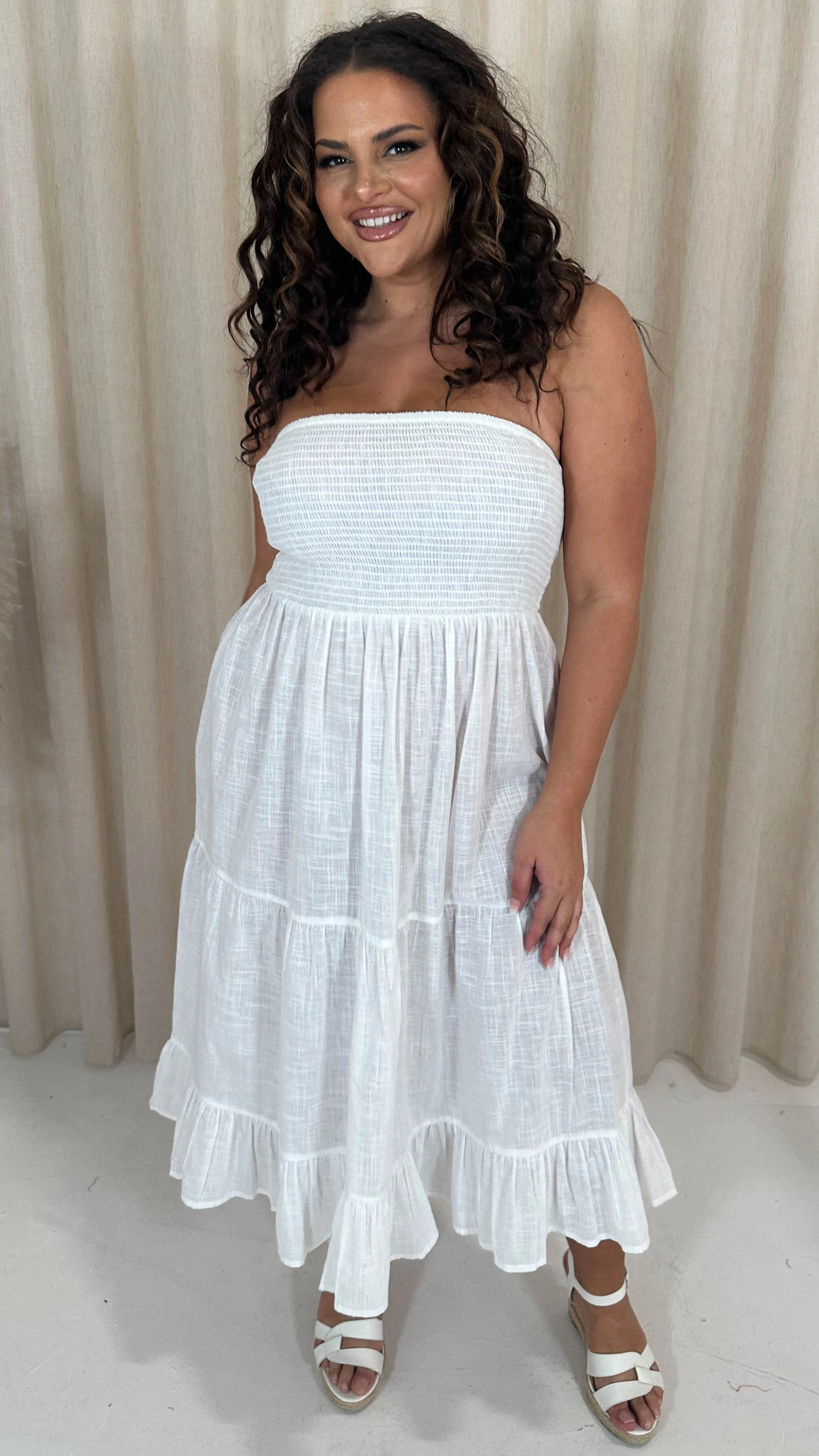 CurveWow Cotton Shirred Bandeau Midi Dress White - Image 6