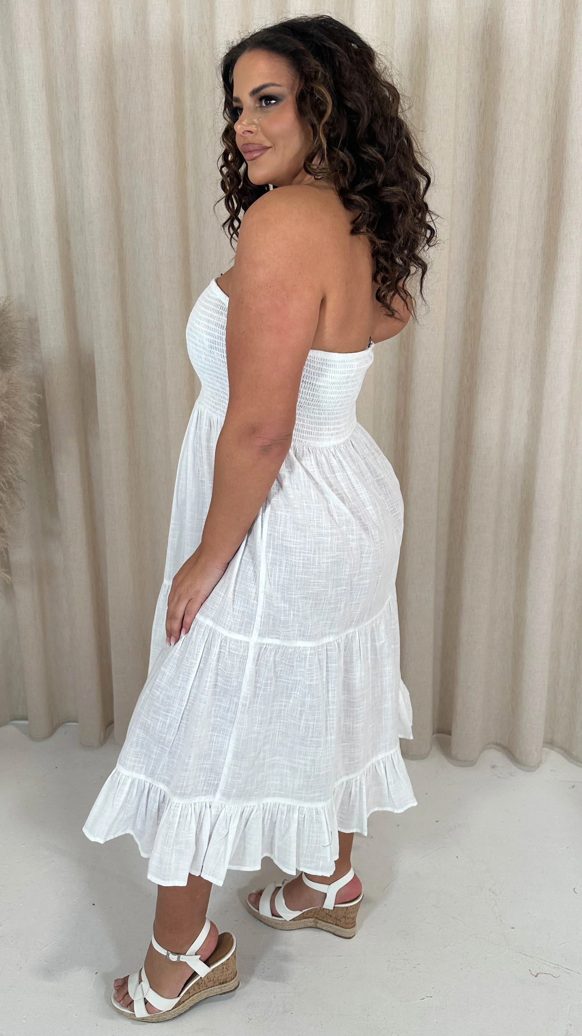 CurveWow Cotton Shirred Bandeau Midi Dress White - Image 7