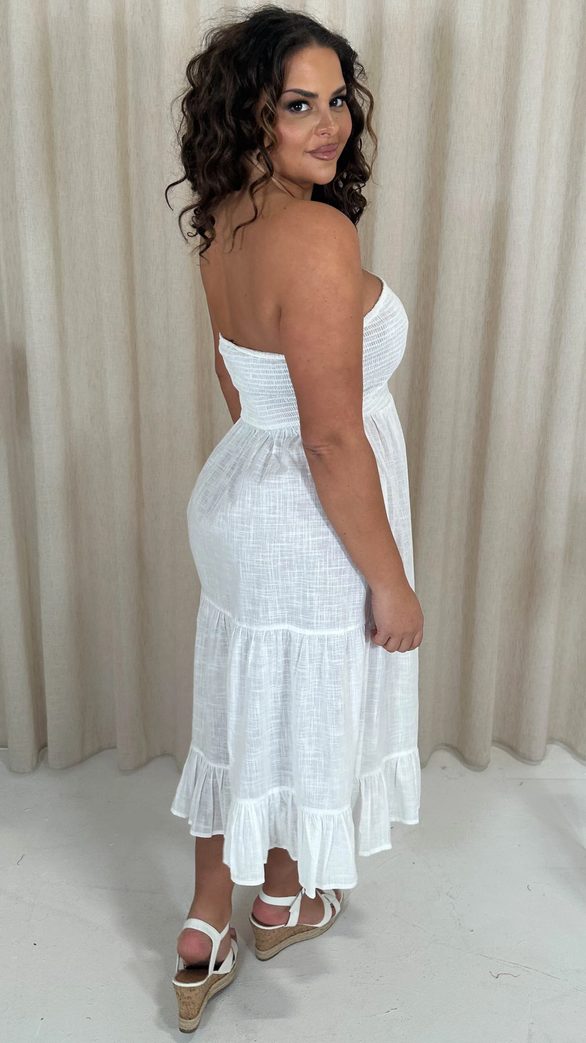 CurveWow Cotton Shirred Bandeau Midi Dress White - Image 8