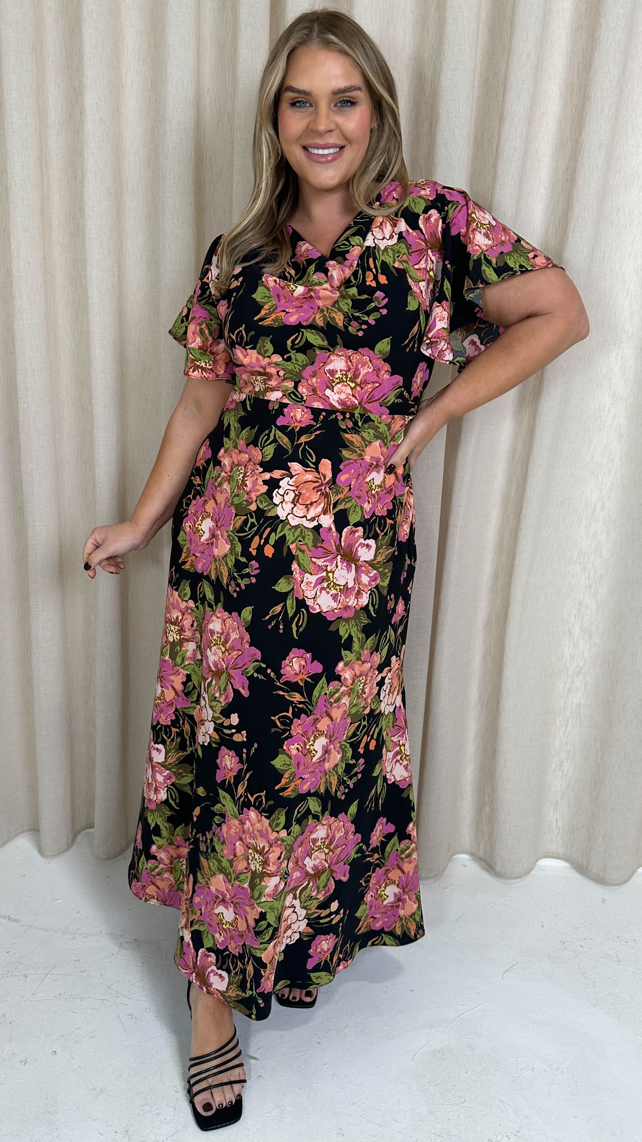 CurveWow Cowl Neck Maxi Dress Black Floral - Image 3
