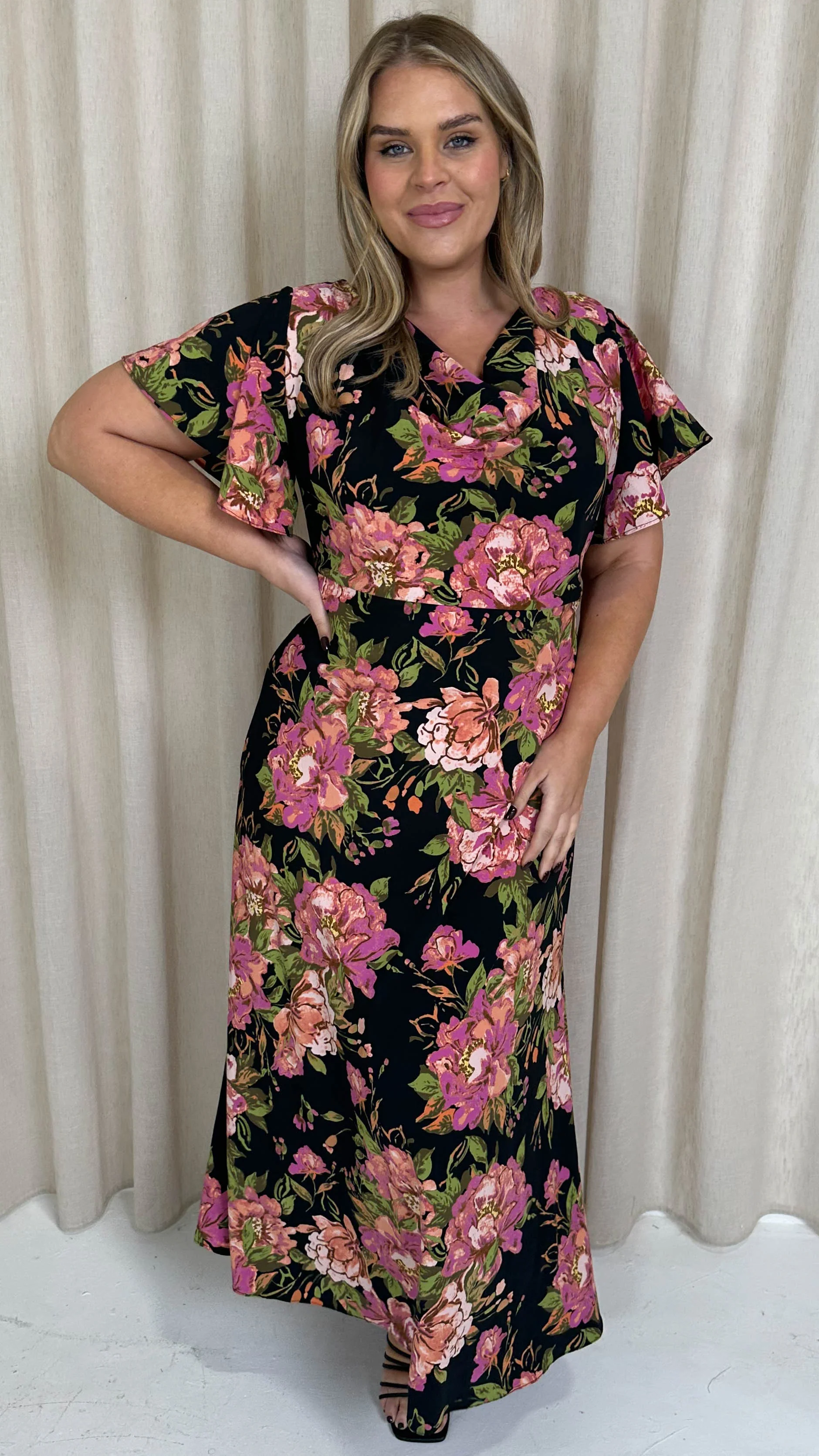 CurveWow Cowl Neck Maxi Dress Black Floral - Image 4