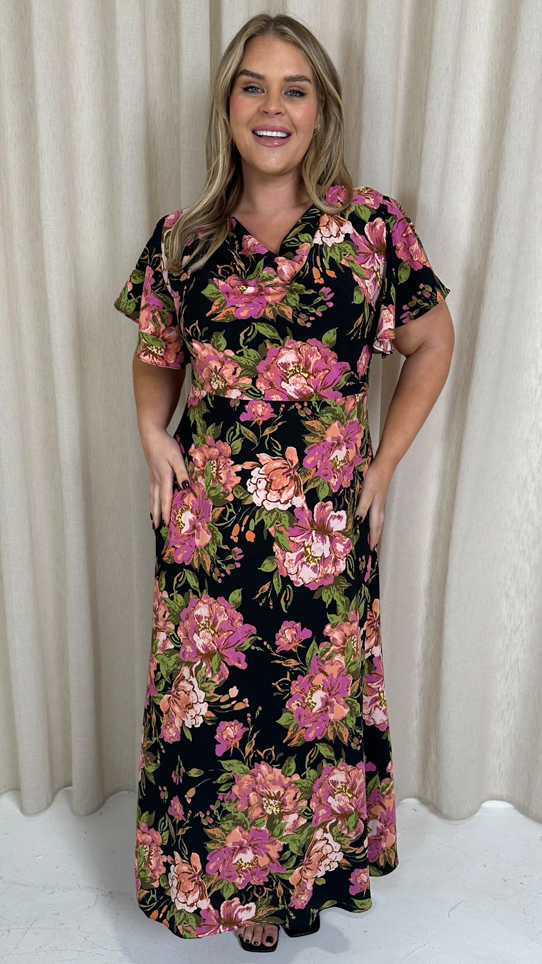 CurveWow Cowl Neck Maxi Dress Black Floral - Image 5