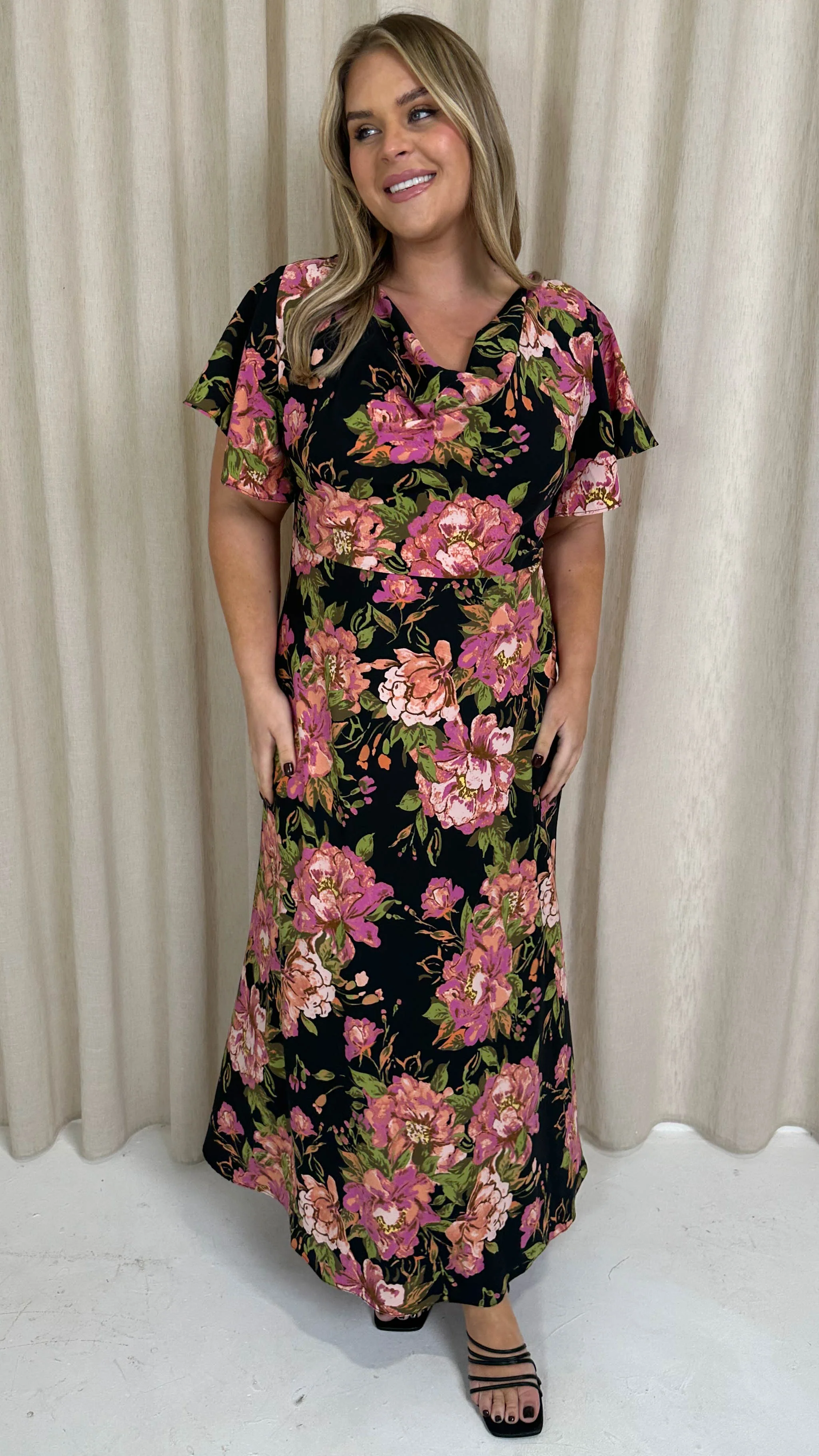 CurveWow Cowl Neck Maxi Dress Black Floral - Image 7