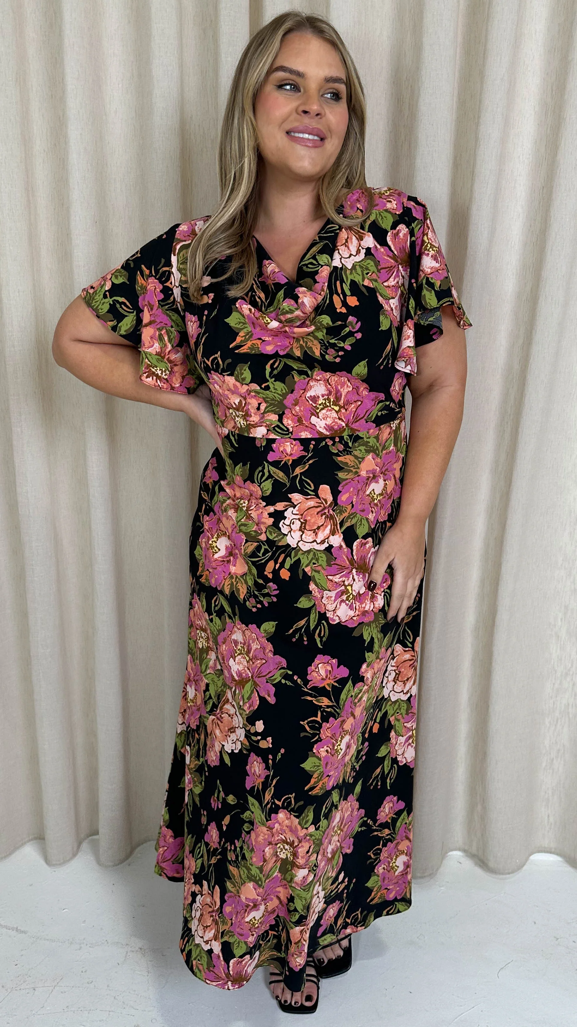 CurveWow Cowl Neck Maxi Dress Black Floral - Image 8