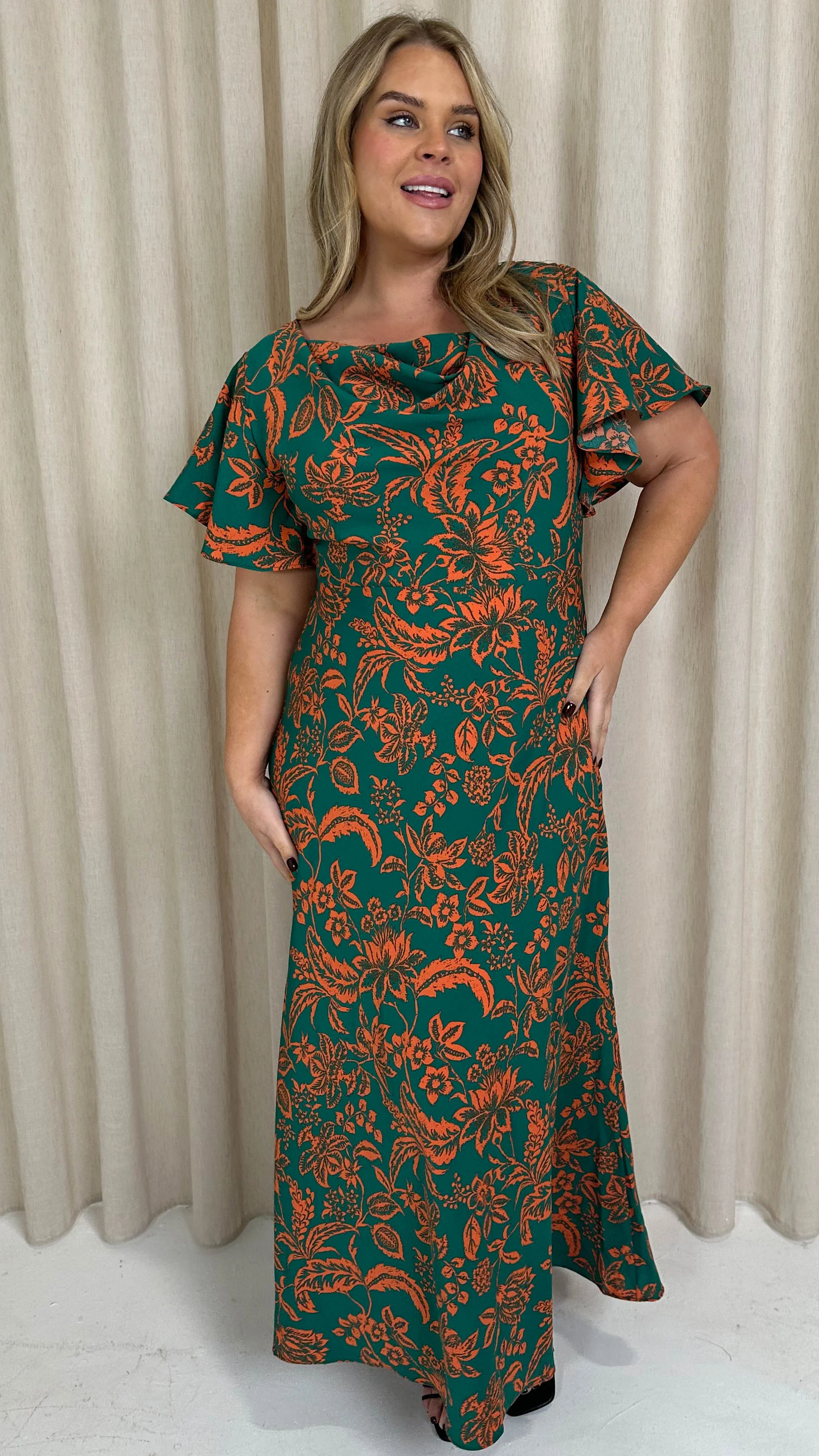 CurveWow Cowl Neck Maxi Dress Green/Orange Floral - Image 5
