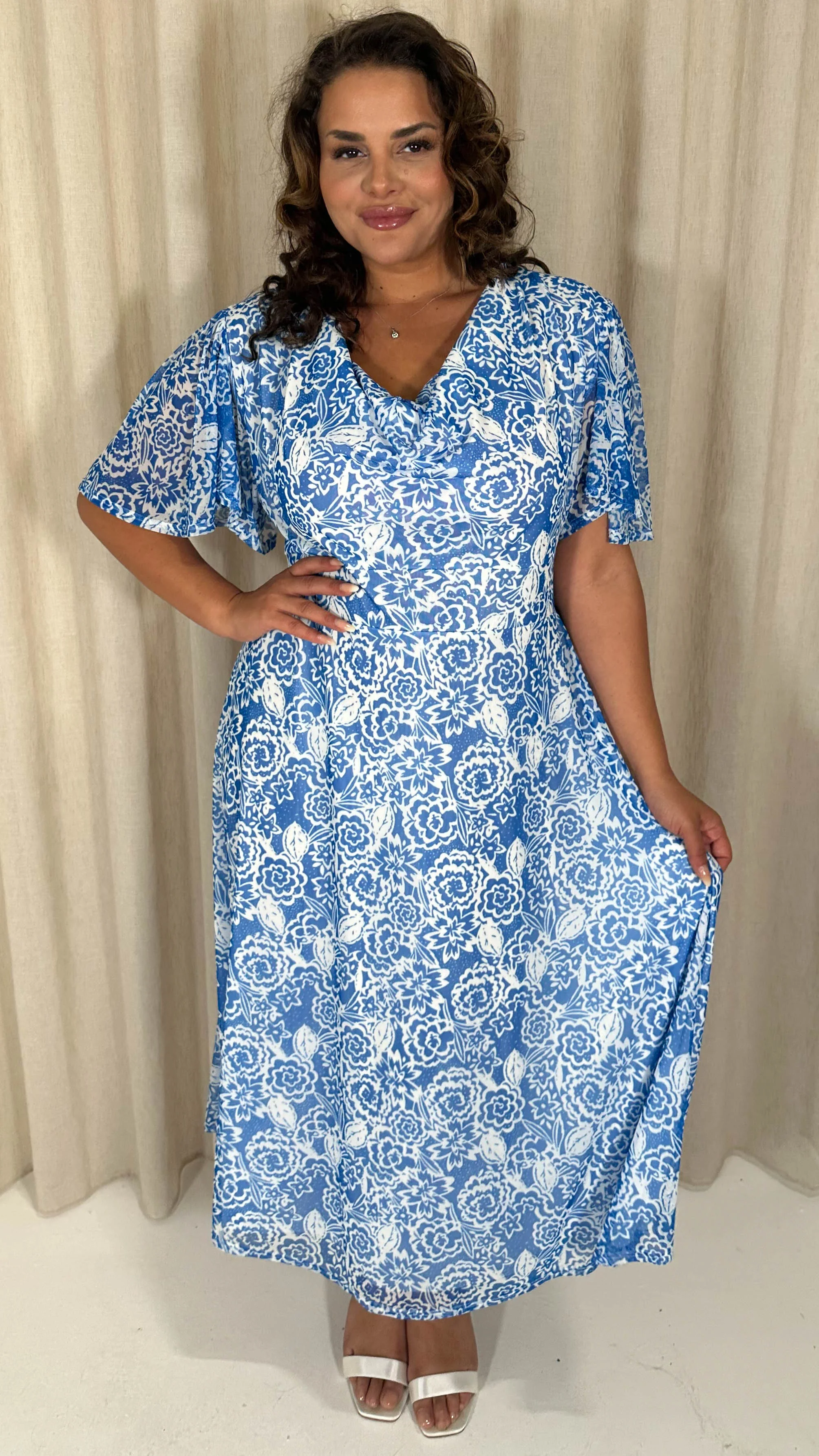 CurveWow Cowl Neck Mesh Angel Sleeve Dress Blue Floral - Image 5