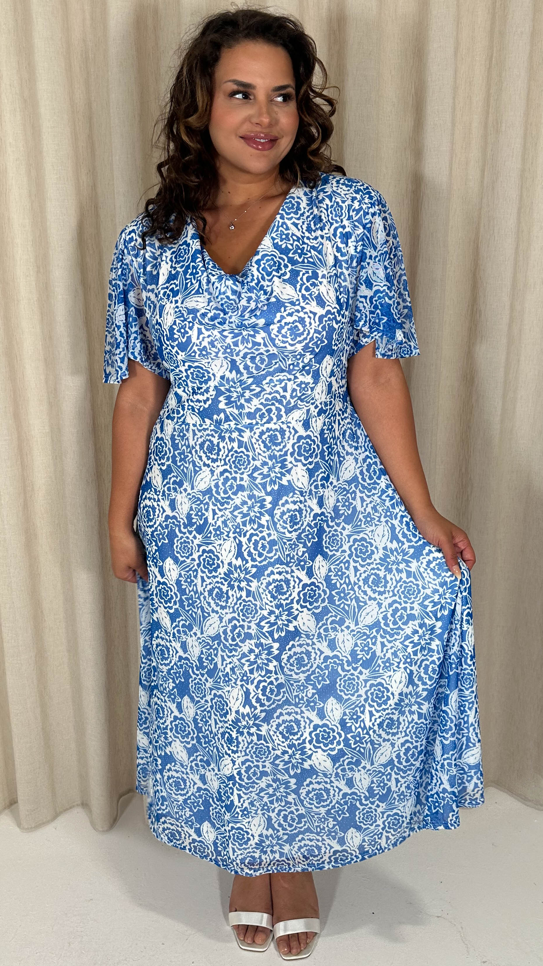 CurveWow Cowl Neck Mesh Angel Sleeve Dress Blue Floral - Image 7