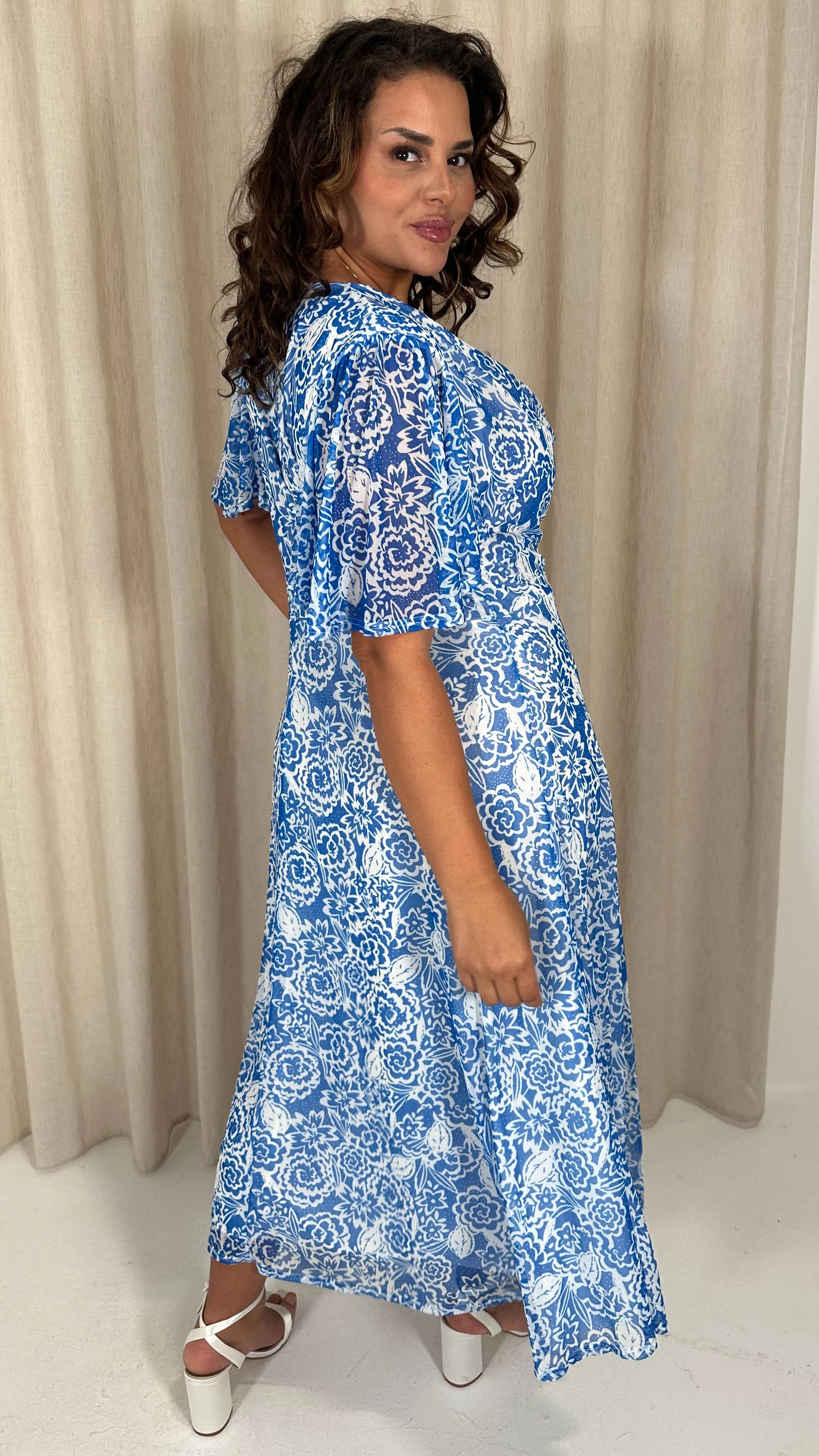 CurveWow Cowl Neck Mesh Angel Sleeve Dress Blue Floral - Image 8