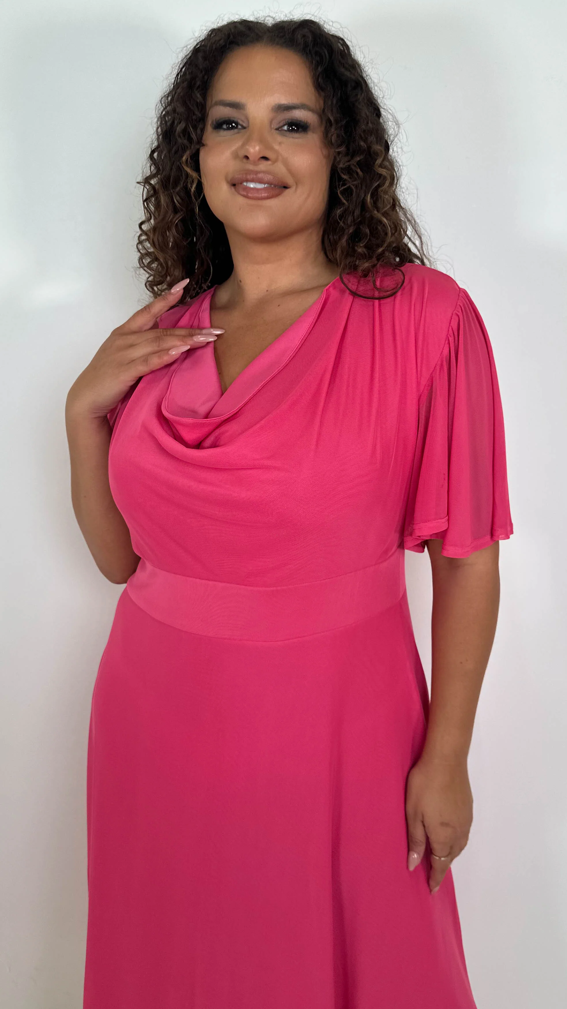 CurveWow Cowl Neck Mesh Angel Sleeve Dress Cerise - Image 3
