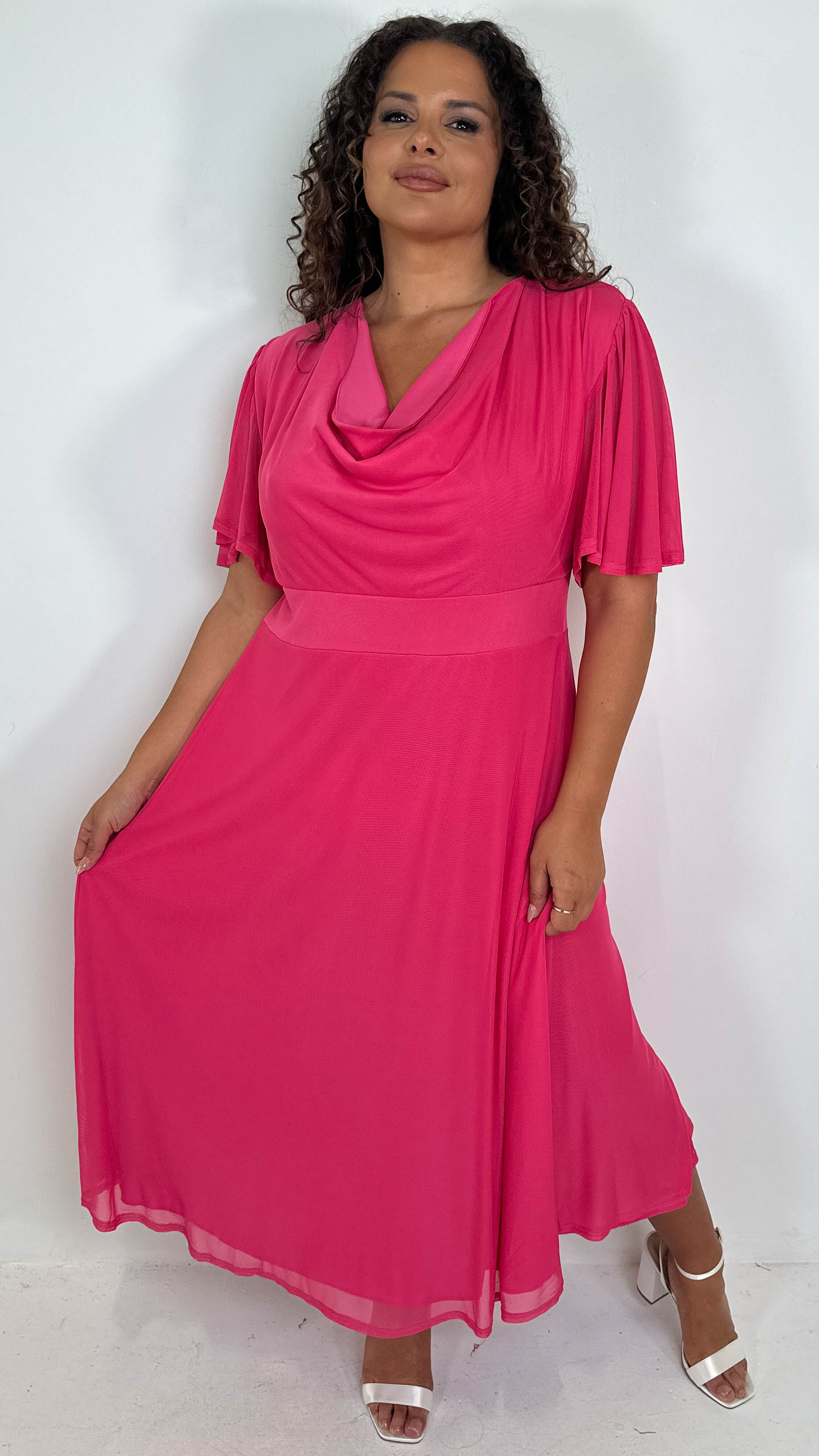 CurveWow Cowl Neck Mesh Angel Sleeve Dress Cerise - Image 6