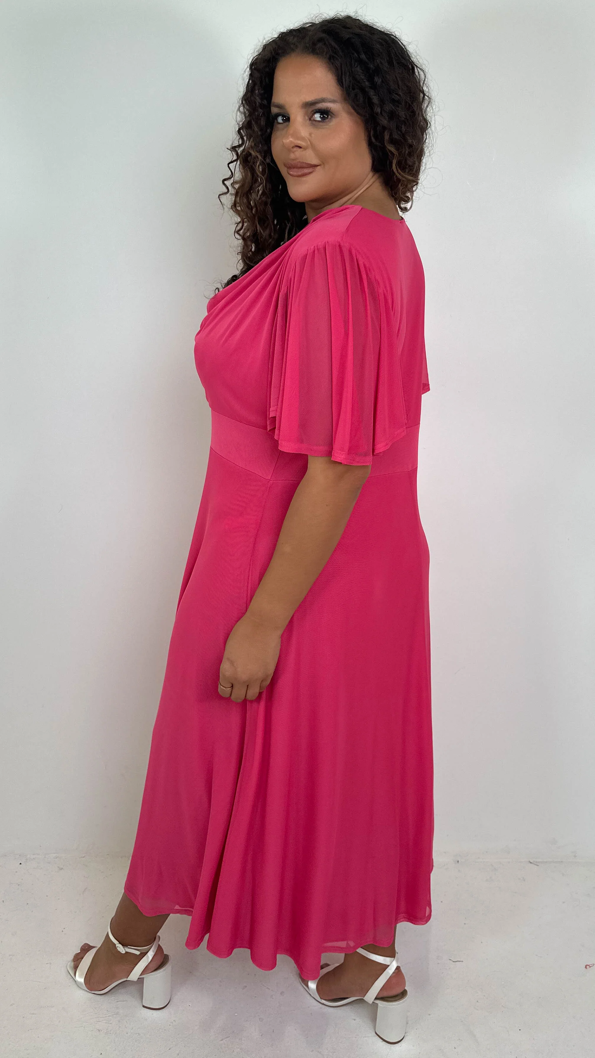 CurveWow Cowl Neck Mesh Angel Sleeve Dress Cerise - Image 7