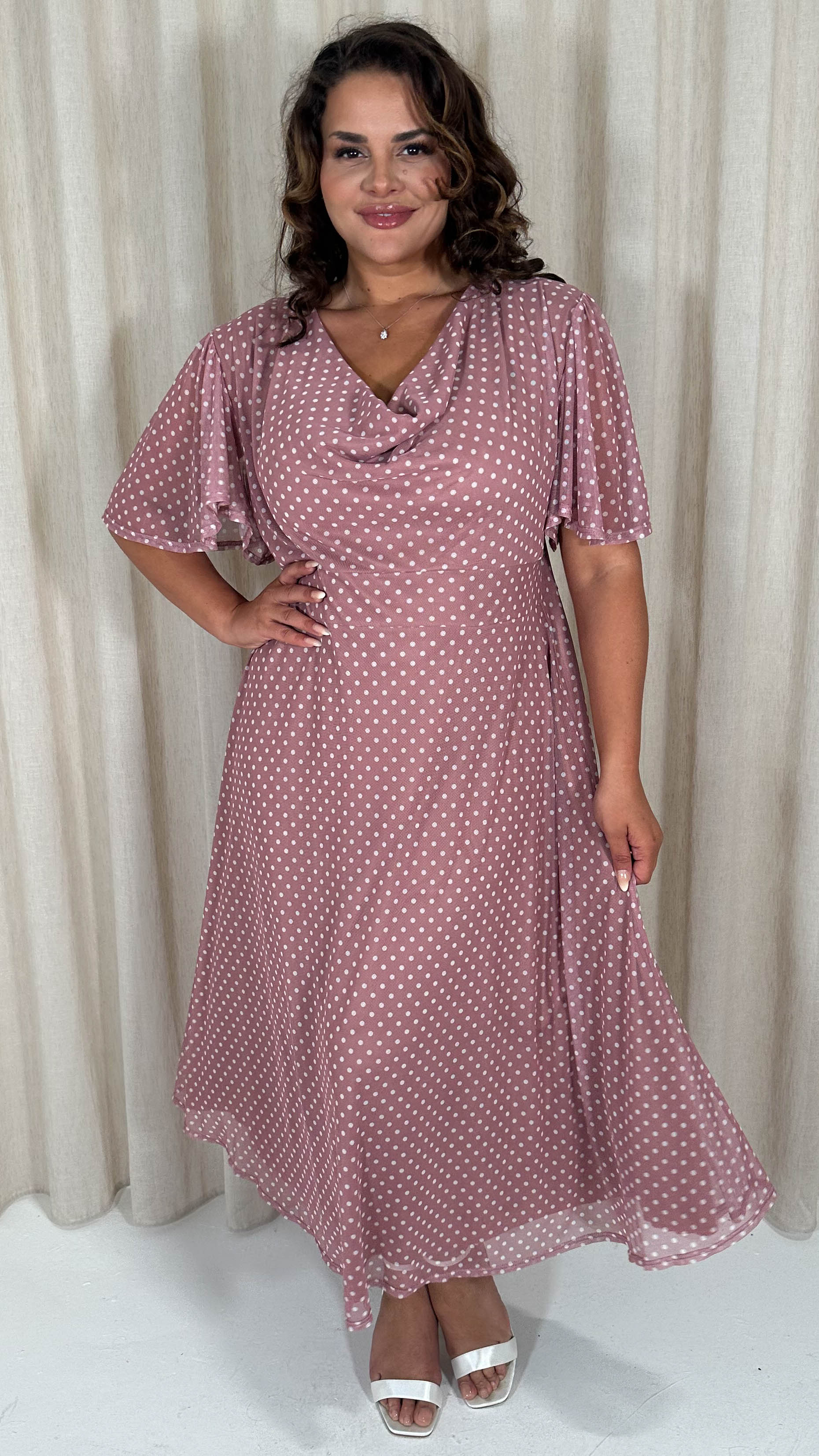 CurveWow Cowl Neck Mesh Angel Sleeve Dress Rose Polka Dot - Image 7