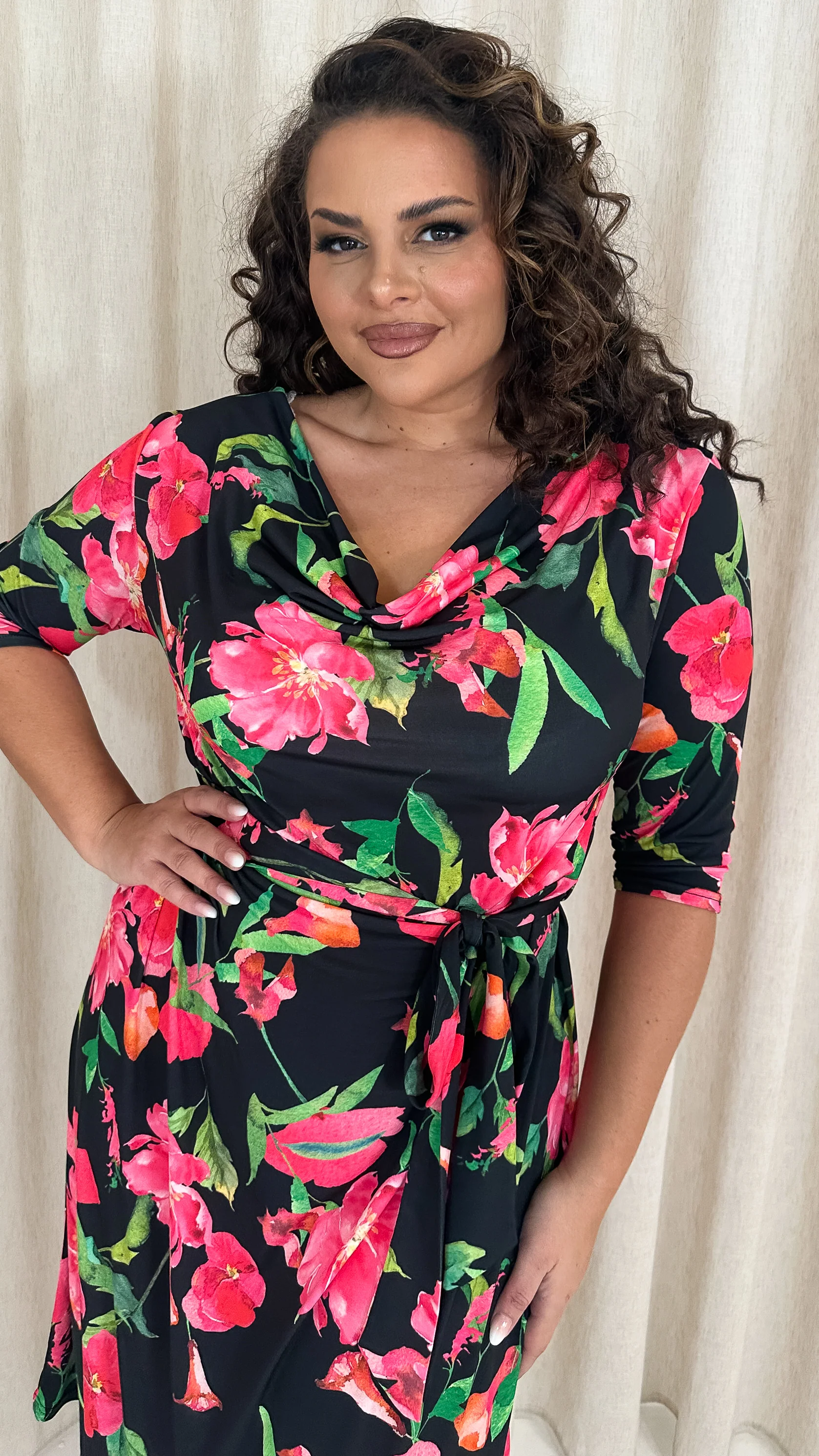 CurveWow Cowl Neck Midi Dress Black Pink Floral - Image 2