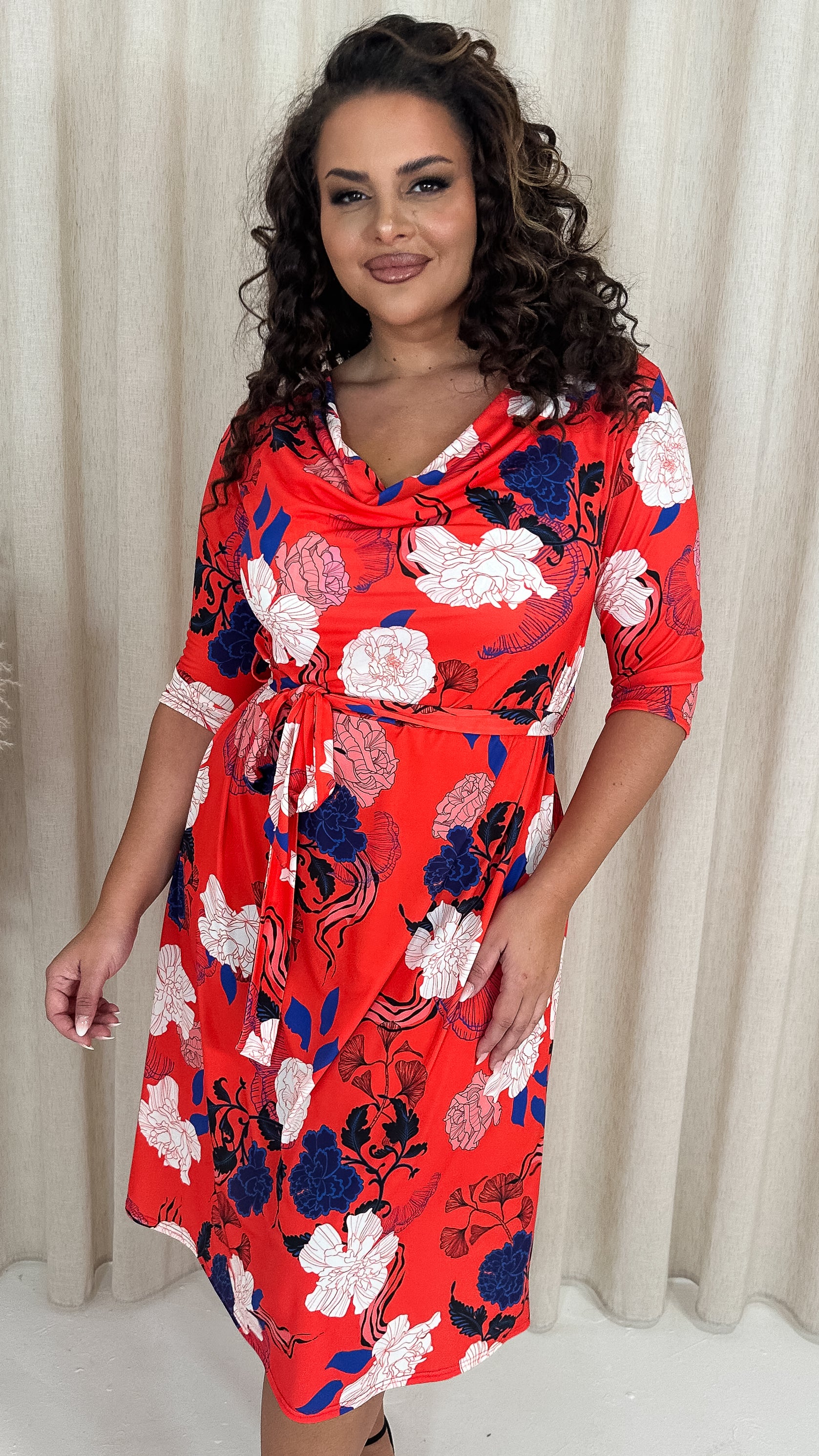 CurveWow Cowl Neck Midi Dress Red Floral - Image 4