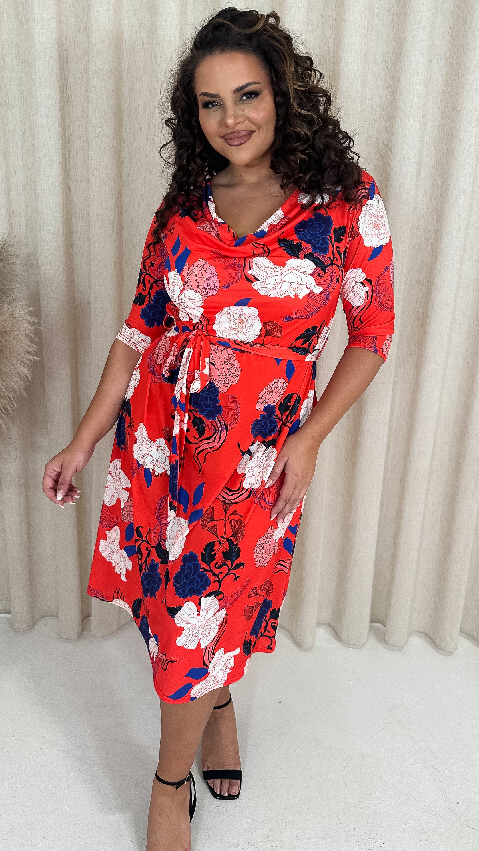 CurveWow Cowl Neck Midi Dress Red Floral - Image 5